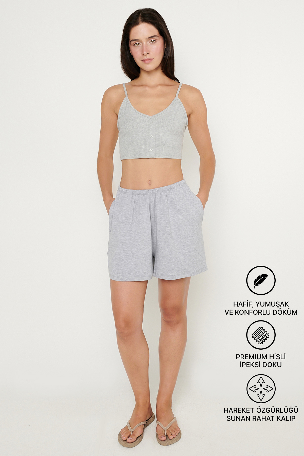 Women's Gray Melange Knitted Stretchy Shorts Soft Texture Standard Fit Elastic Waist with Pocket Comfortable