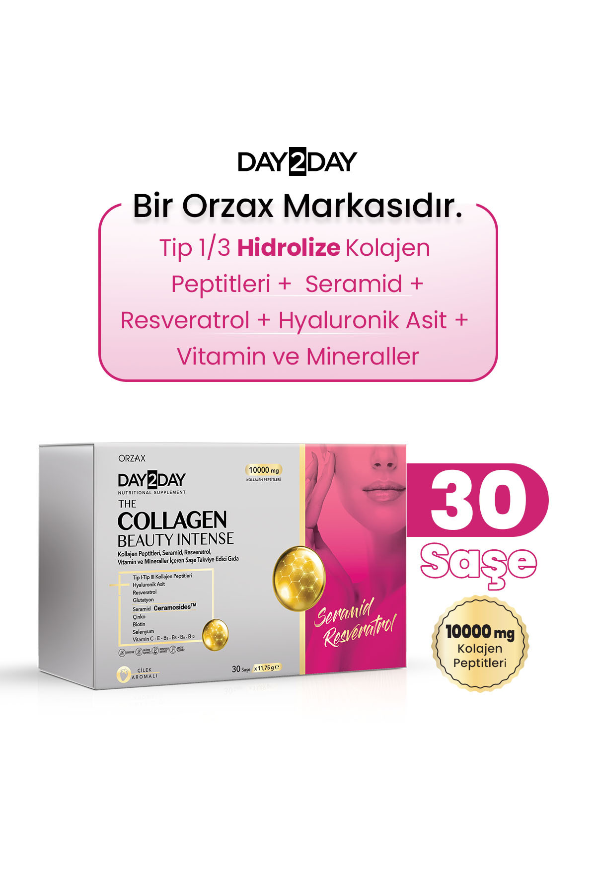 The Collagen Beauty Intense Tip 1-3 Kolajen-Çilek Aroma-Seramid, C, B3, B5, B6, B12Vitamini, 30 Saşe