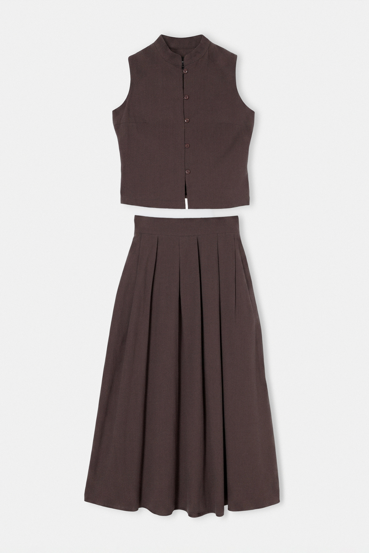 Drop by Trendyolmilla Kahverengi Hakim Yaka Gömlek Beli Arkadan Lastikli Önü Pileli Etekli Takım TDRSS26AU00083