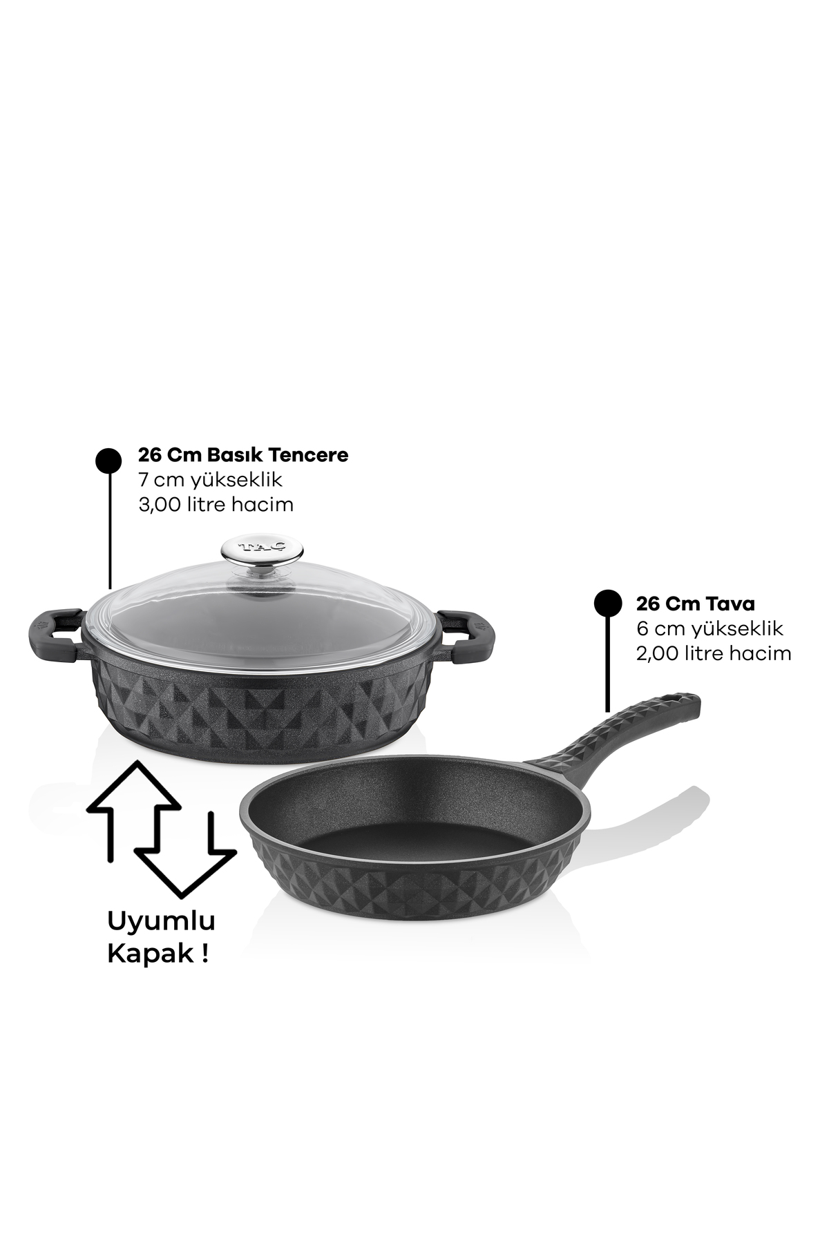 Taç Bella Cam Kapak Basık Tencere ve Tava 2'li Set 26 Cm