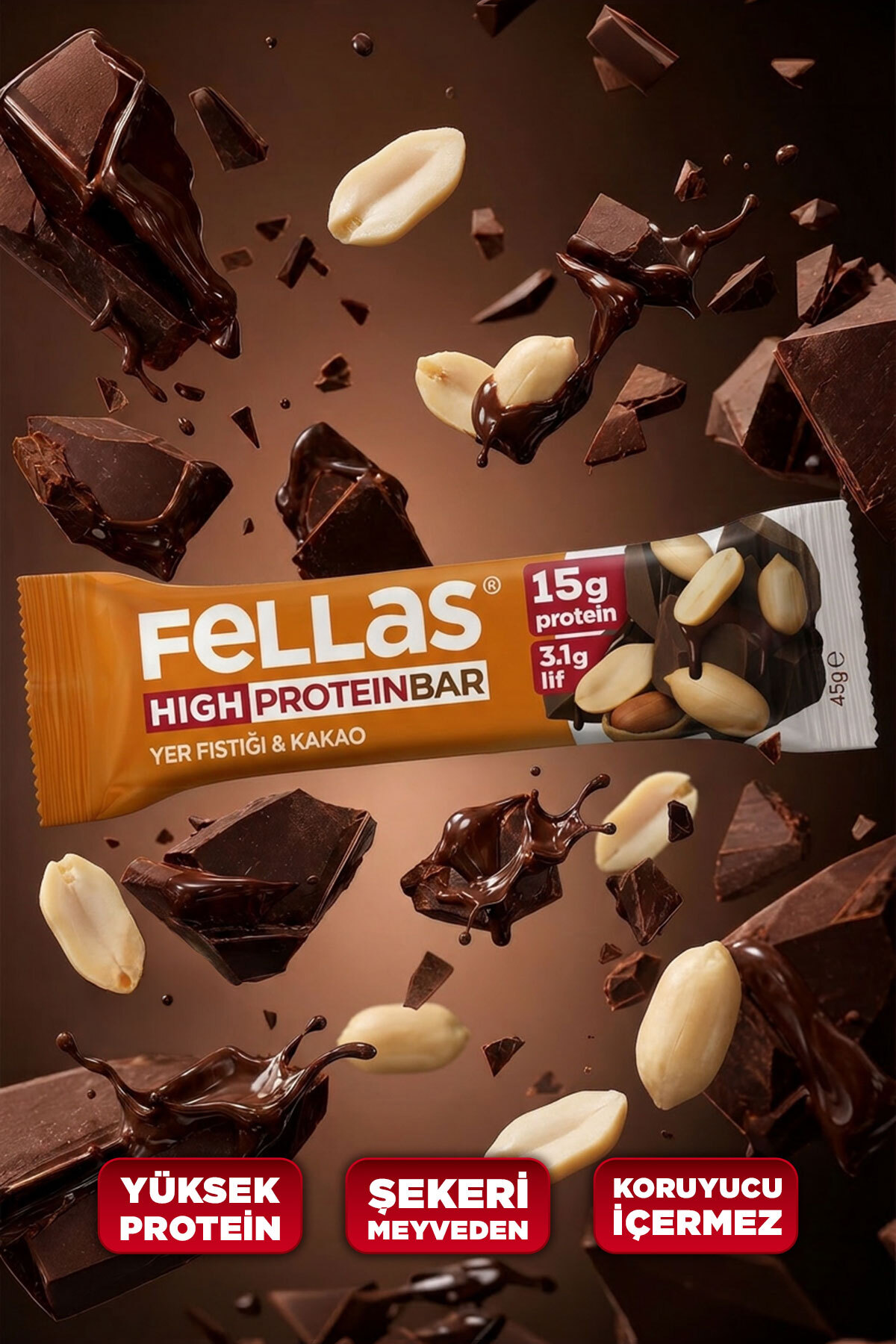 Yüksek Protein Bar - Yer Fıstıklı ve Kakaolu (45 g) x 12 Adet