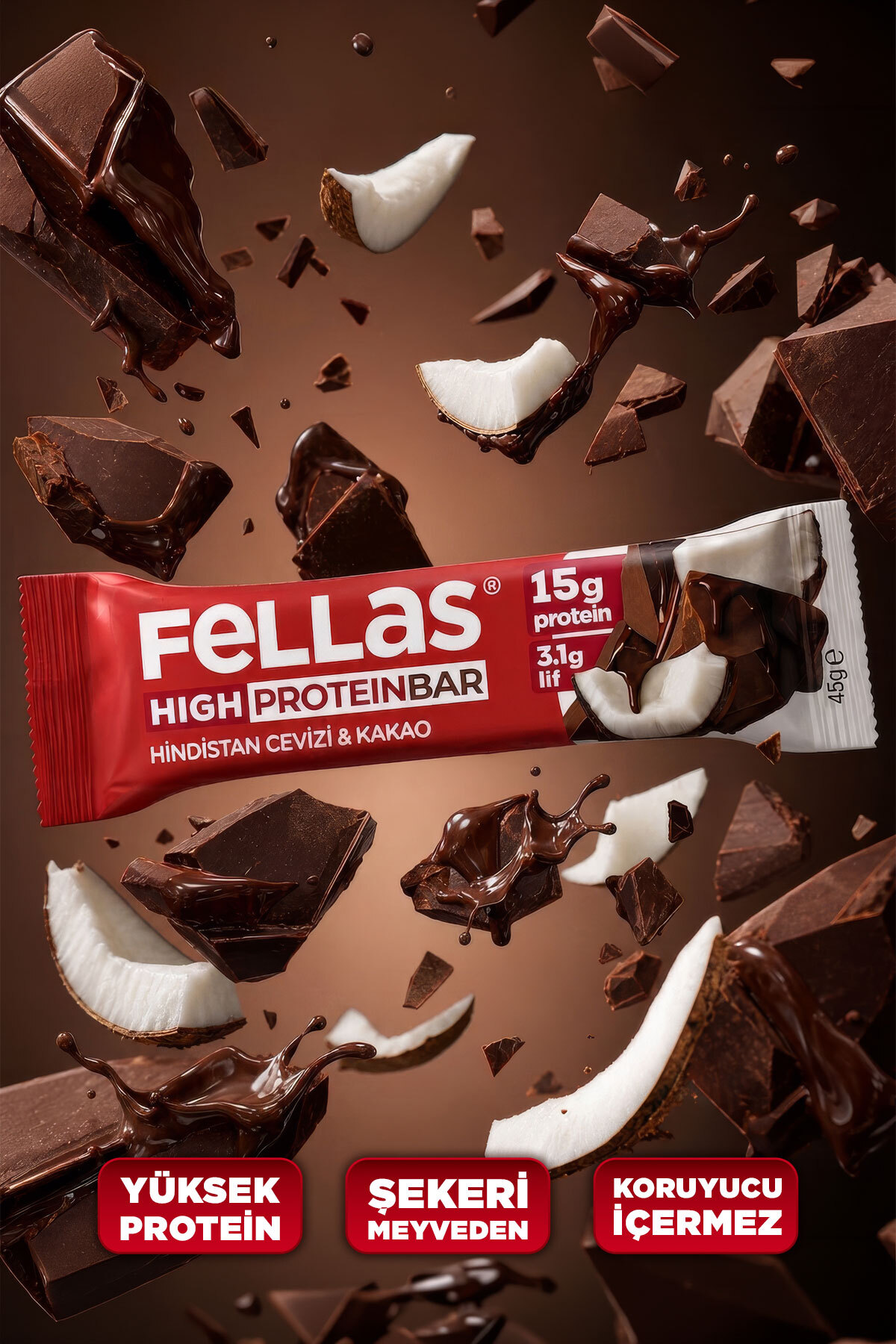 Yüksek Protein Bar - Hindistan Cevizli ve Kakaolu (45 g) x 12 Adet