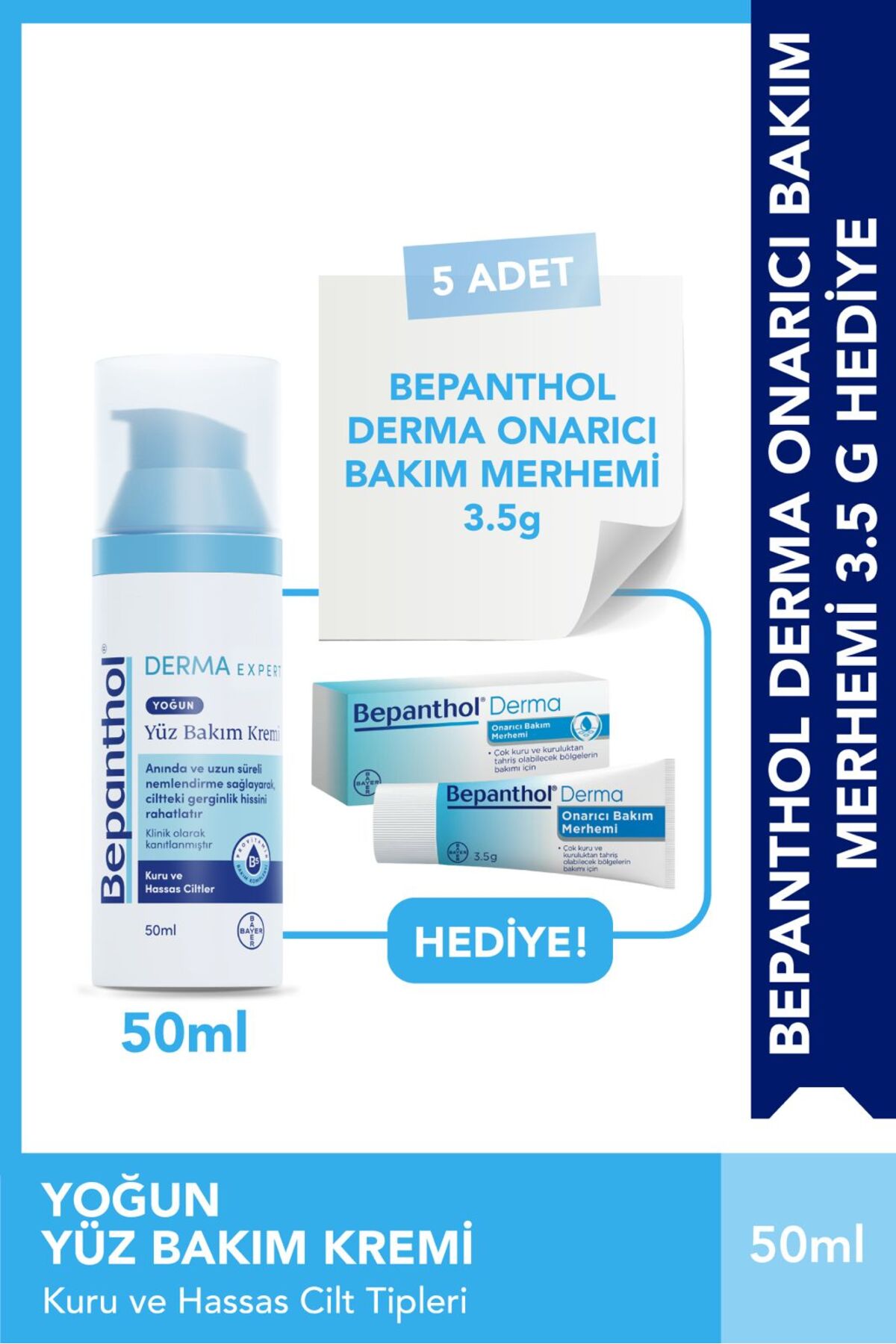 Bepanthol Yoğun Nemlendirici Yüz Bakım Kremi 50 ml 5 Adet Onarıcı Bakım Merhemi 3,5 gr — SET.BPTN.175