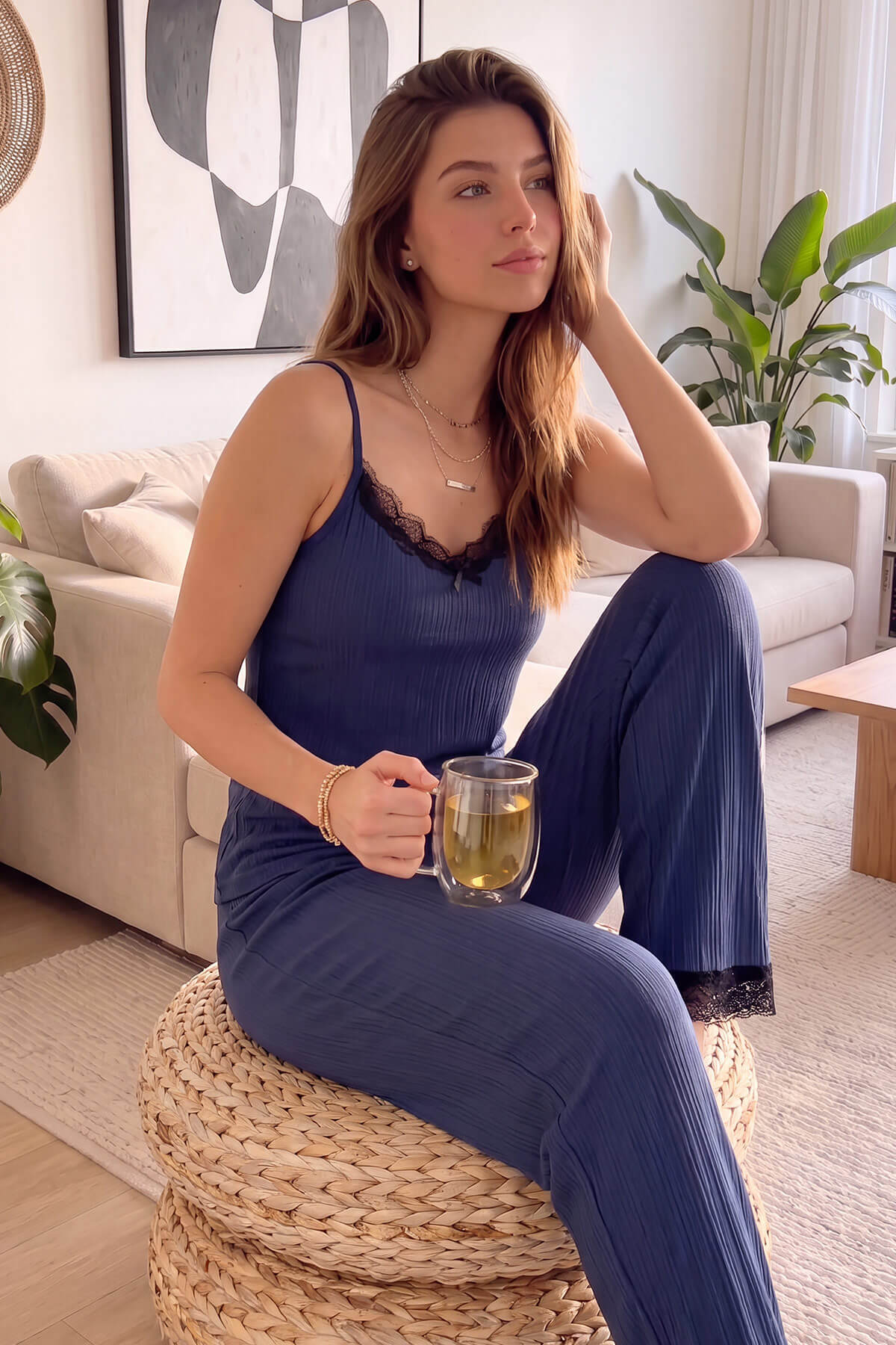 Pijamaevi Navy Blue Pegasus Lace Detailed Rope Strap Knitted Pajama Set