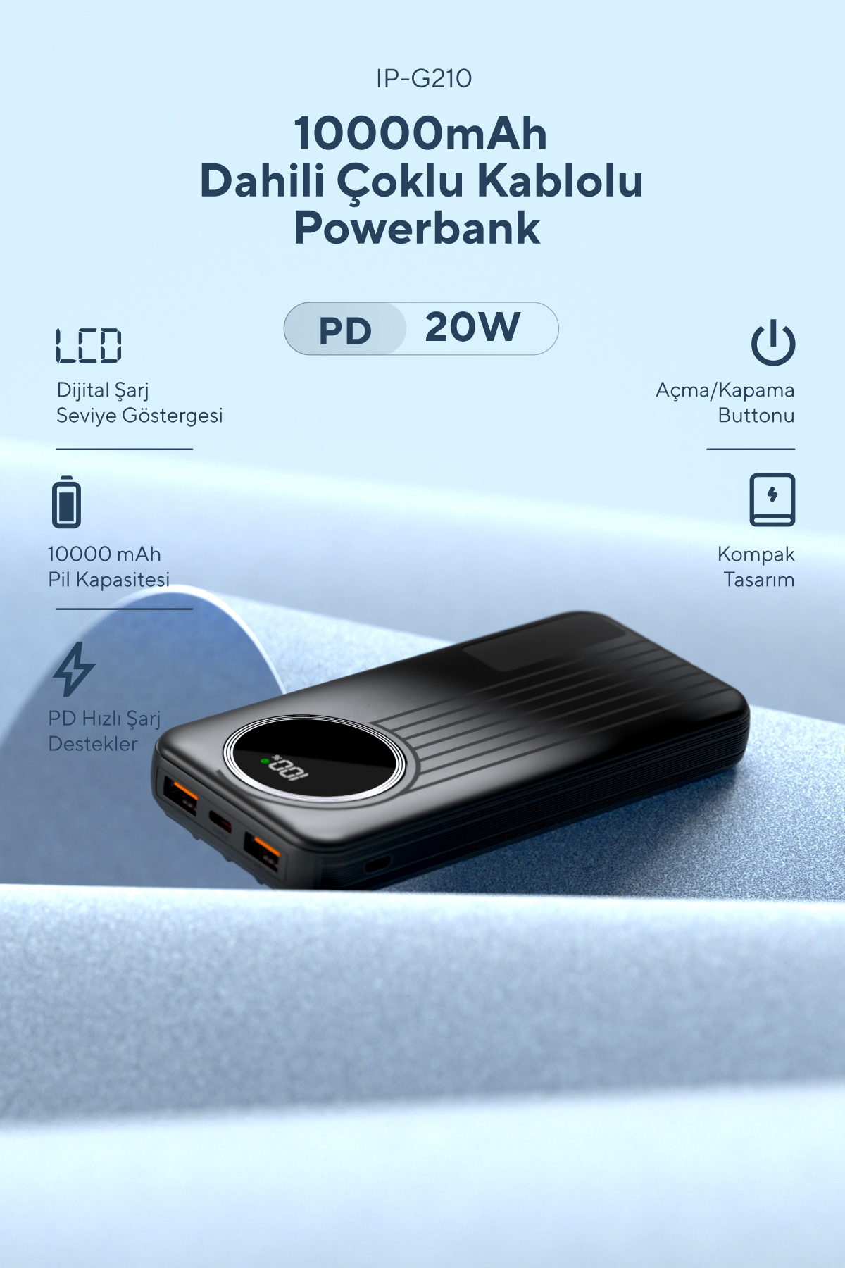IP-G210 10000mAh PD20W+QC3.0 Dahili Kablolu Siyah LCD Taşınabilir Pil Şarj Cihazı Powerbank 2