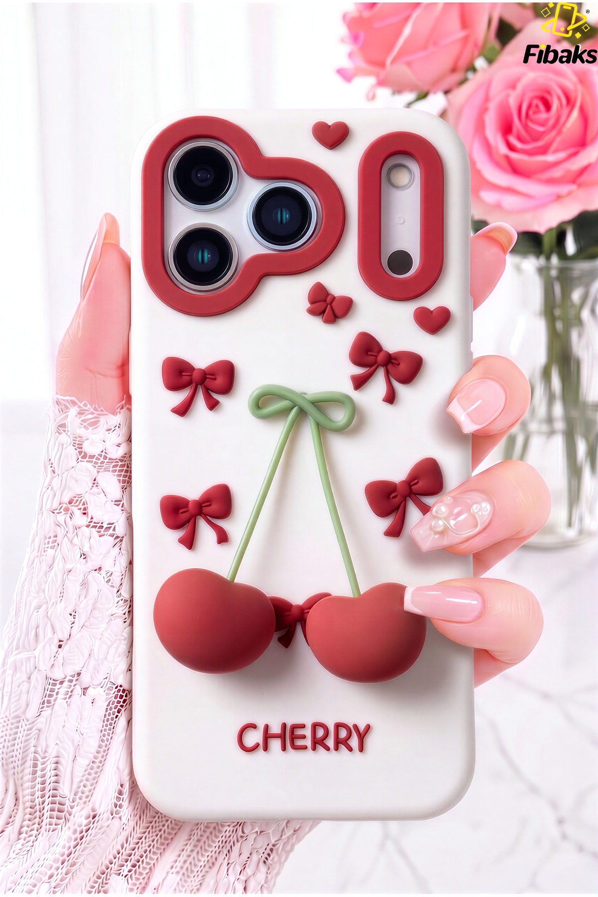 iPhone 17 Pro Case 3D Cherry and Bow Shaped Silicone Phone Case Cover
