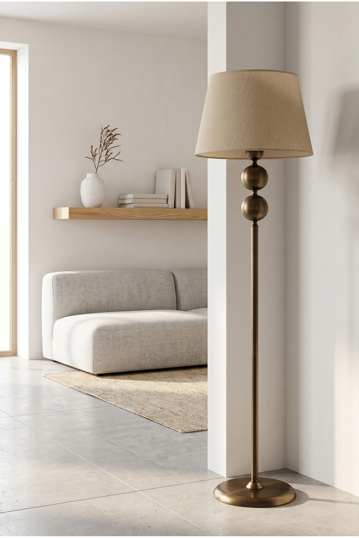 Antique Metal Double Globe Floor Lamp – Modern Decorative Floor Lamp with 160 cm Tapered Beige Head