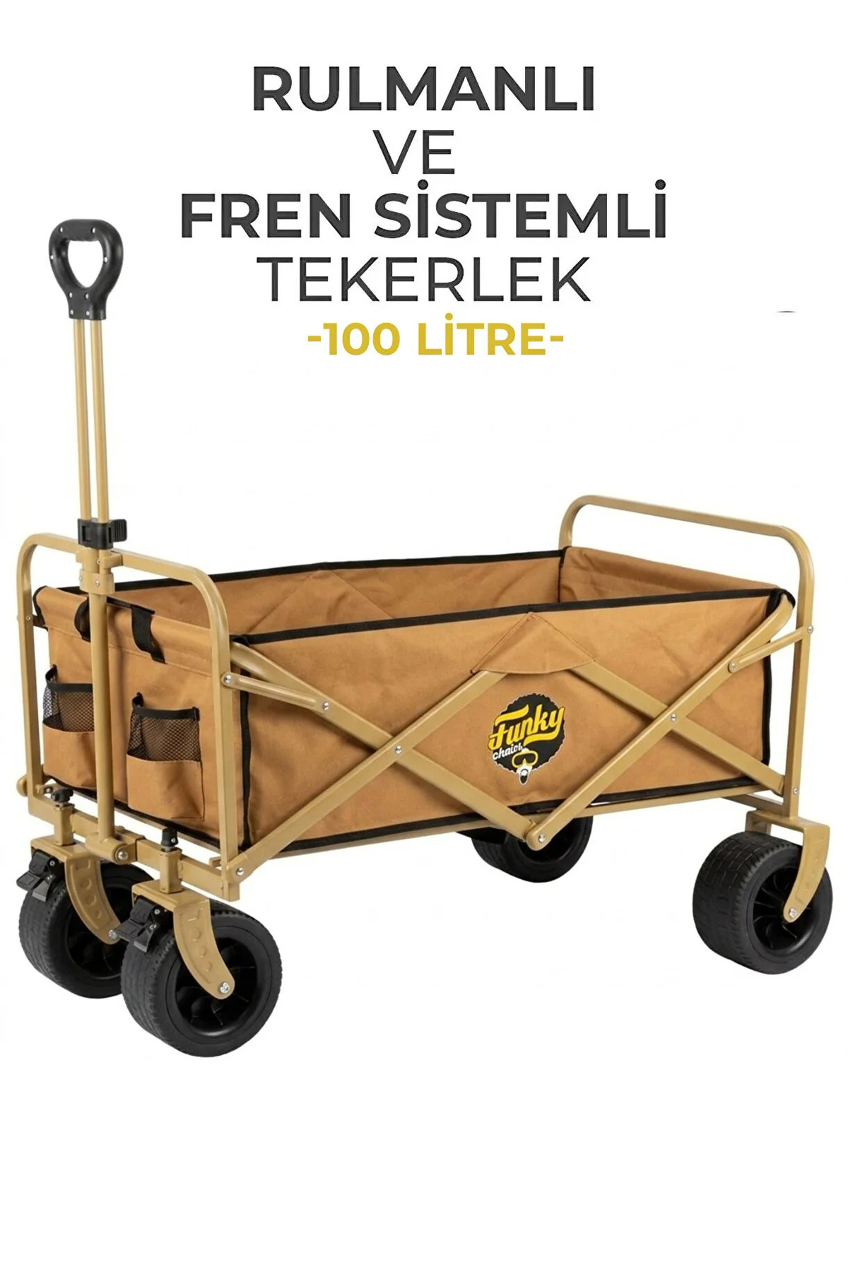 100 Liter Brake System, Bearing, Thick Wheel, XL Size Folding Wagon Beach Transport and Camping Trolley - Soil