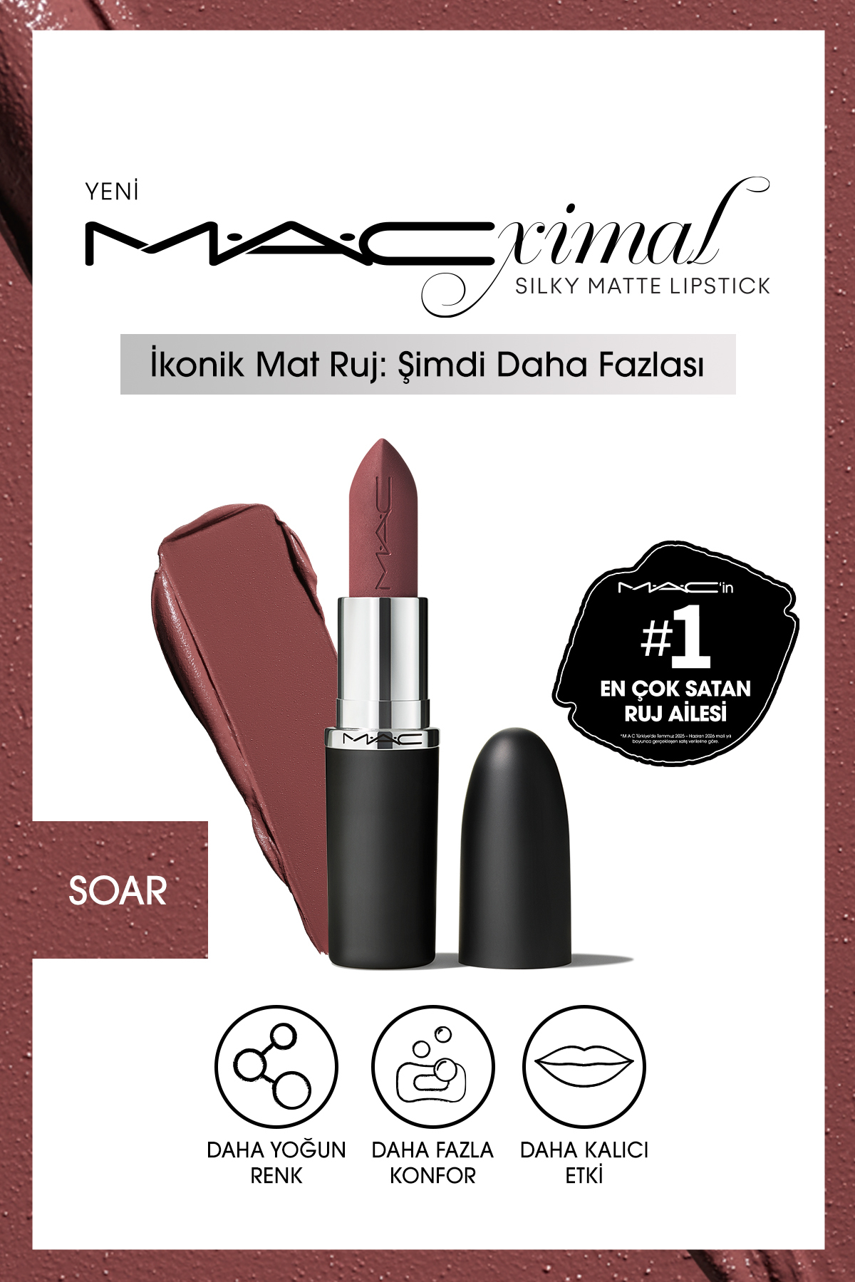 رژ لب مات ابریشمی M·a·cxımal با خاصیت مرطوب کنندگی و ارائه رژلب رنگی شدید - Soar