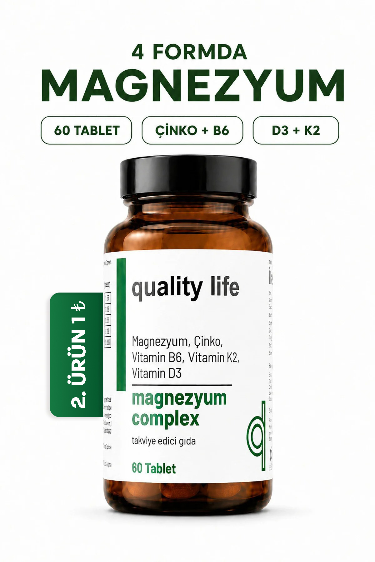 Quality Life Magnezyum Complex 4'lü Form 60 Tablet - Bisglisinat, Malat, Sitrat, Taurat, Çinko, B3, D3, K2 — Trendyol ürün görseli