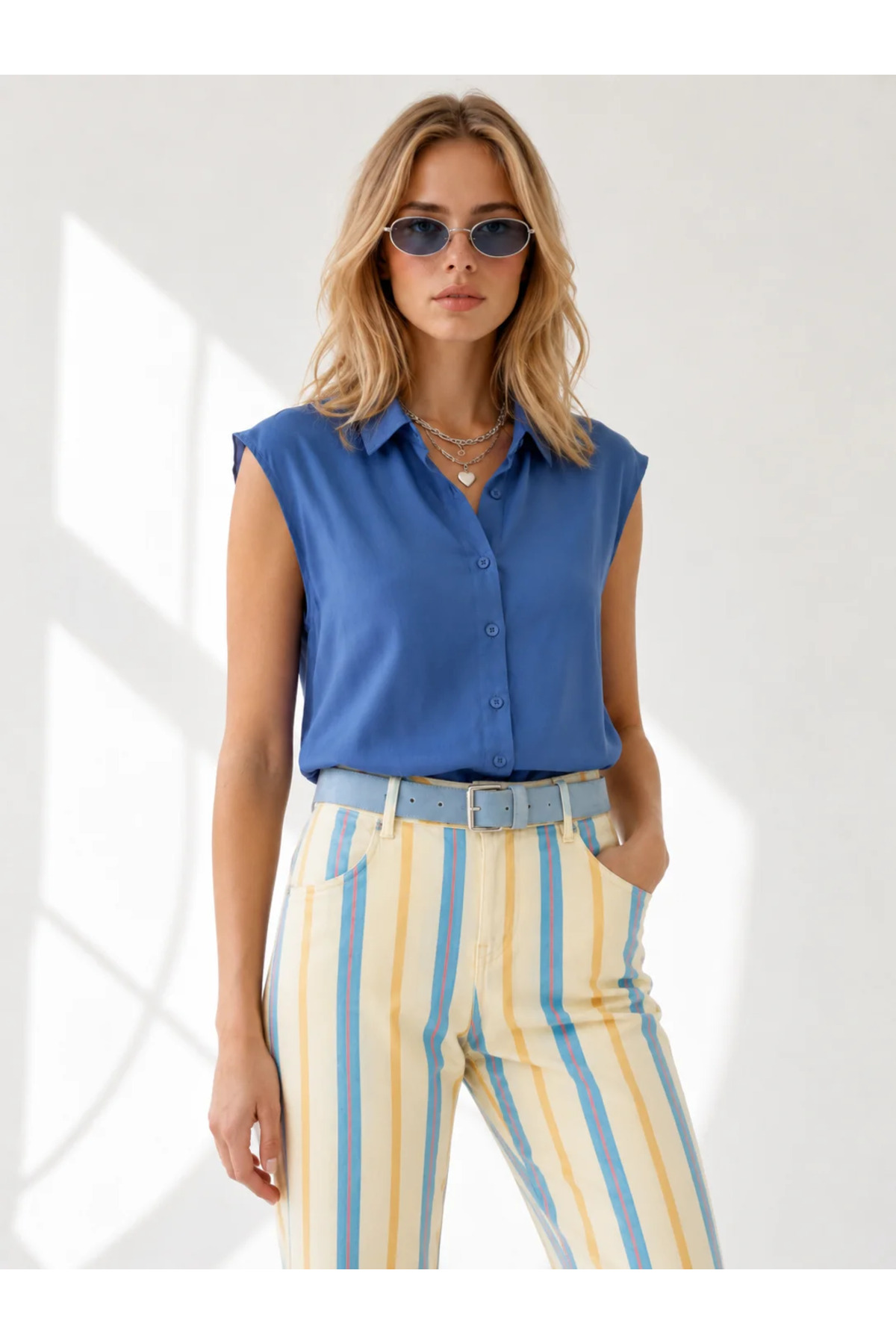 Women's Indigo Sleeveless Viscose ShirtGML-19000631