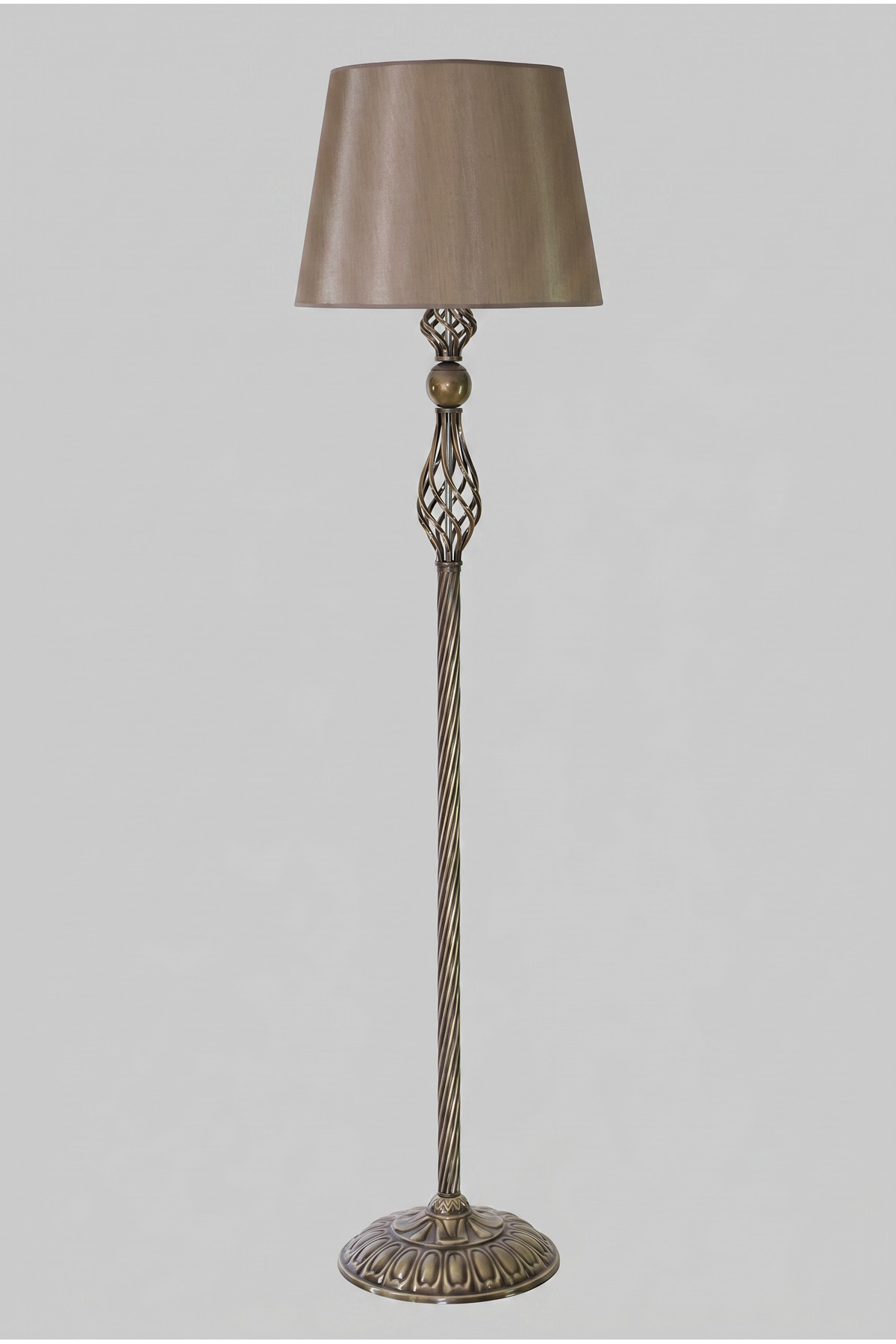 Spiral Bronze Floor Lamp – Mataro Mink Fabric Headboard – Modern Decorative Living Room Lighting