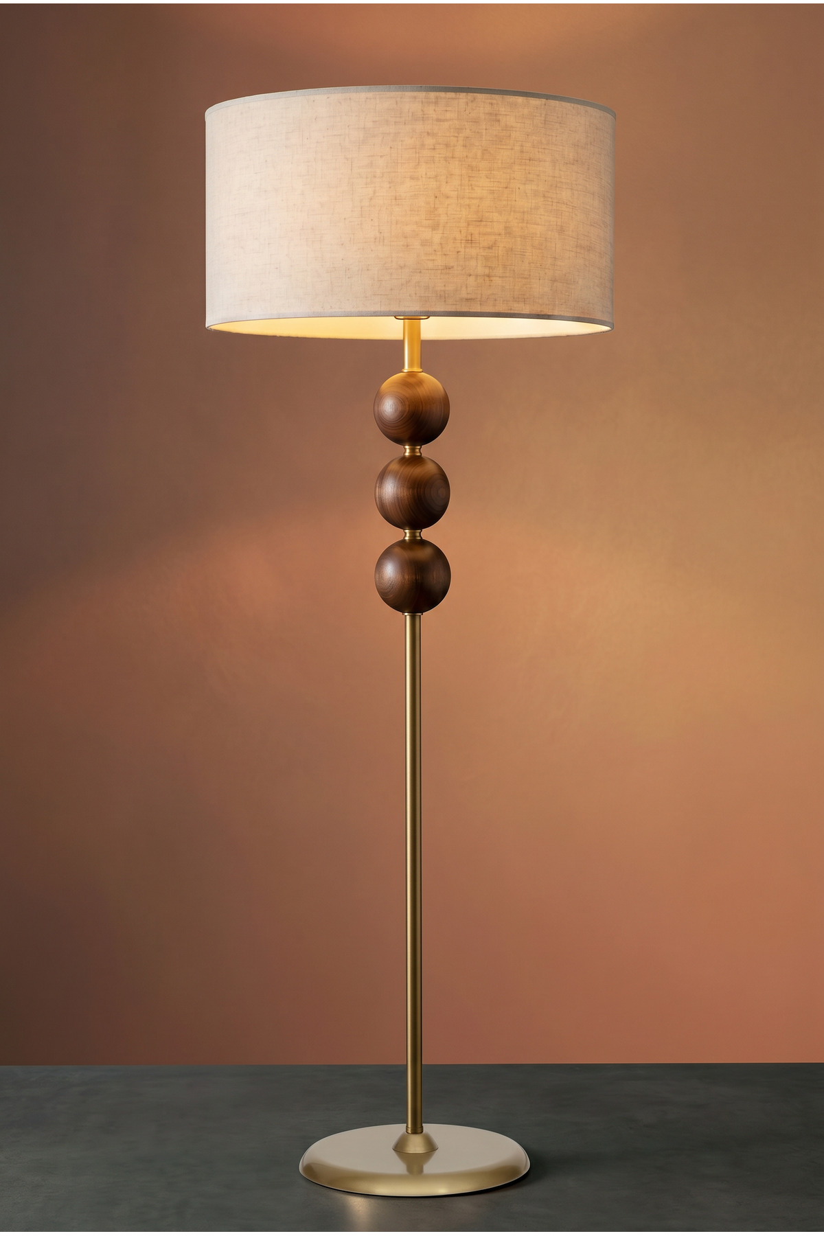 Lunaro Walnut Ball Body Brass Color Modern Decorative Floor Lamp Linen Head
