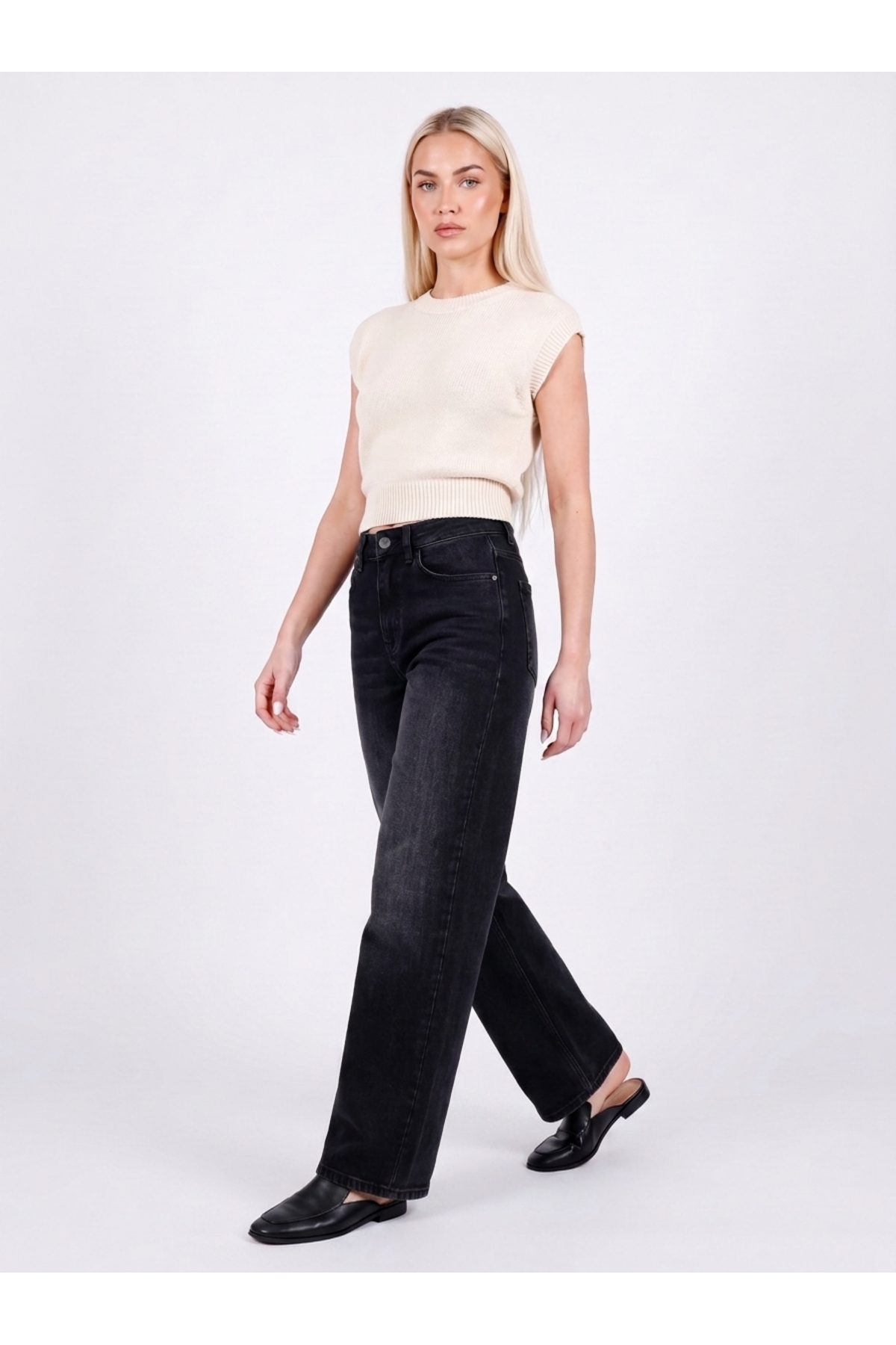 Anthracite Women's Wide Leg Jean High Waist Palazzo Lycra Stretchy Jeans Jessica-2046