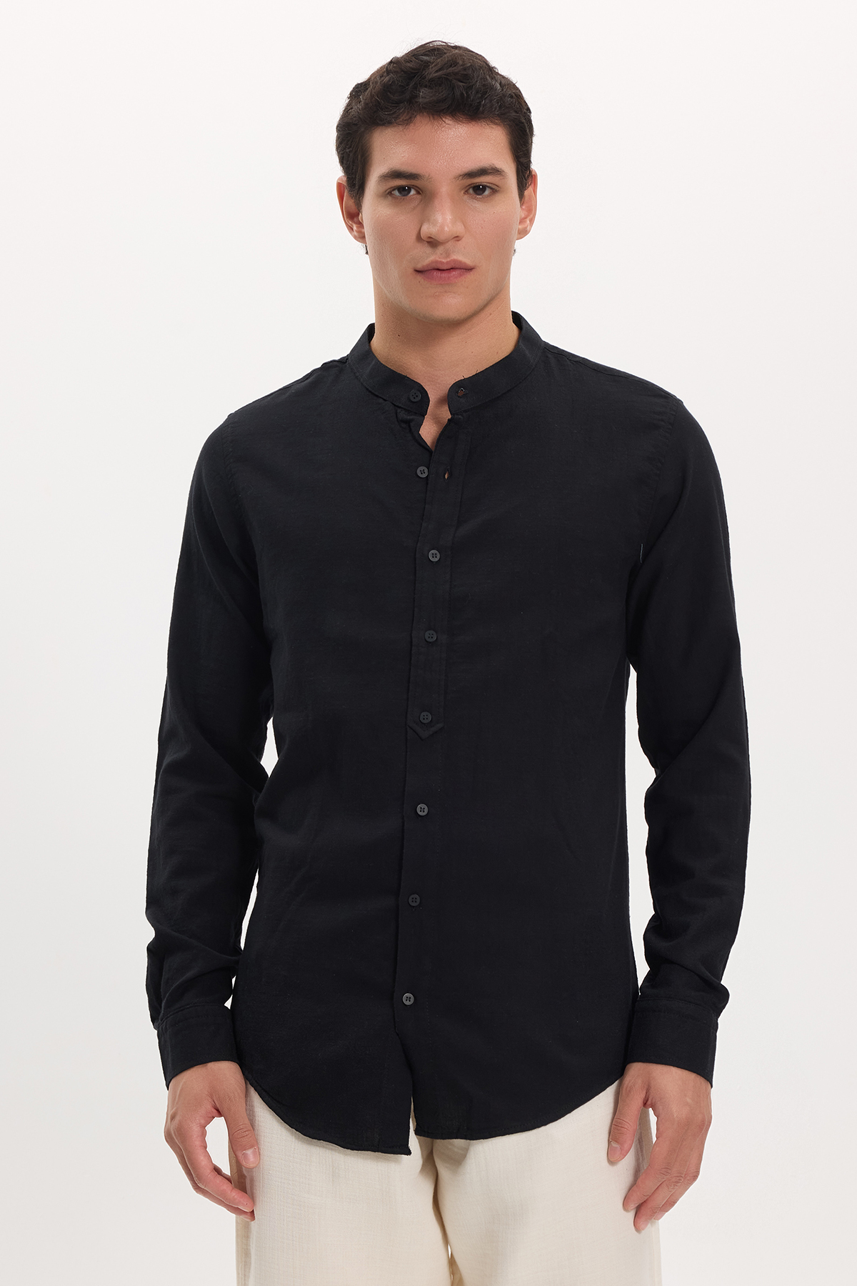 Men's Slim Fit Slim Fit Long Sleeve 100% Cotton Linen Texture Dominant Collar Black Shirt