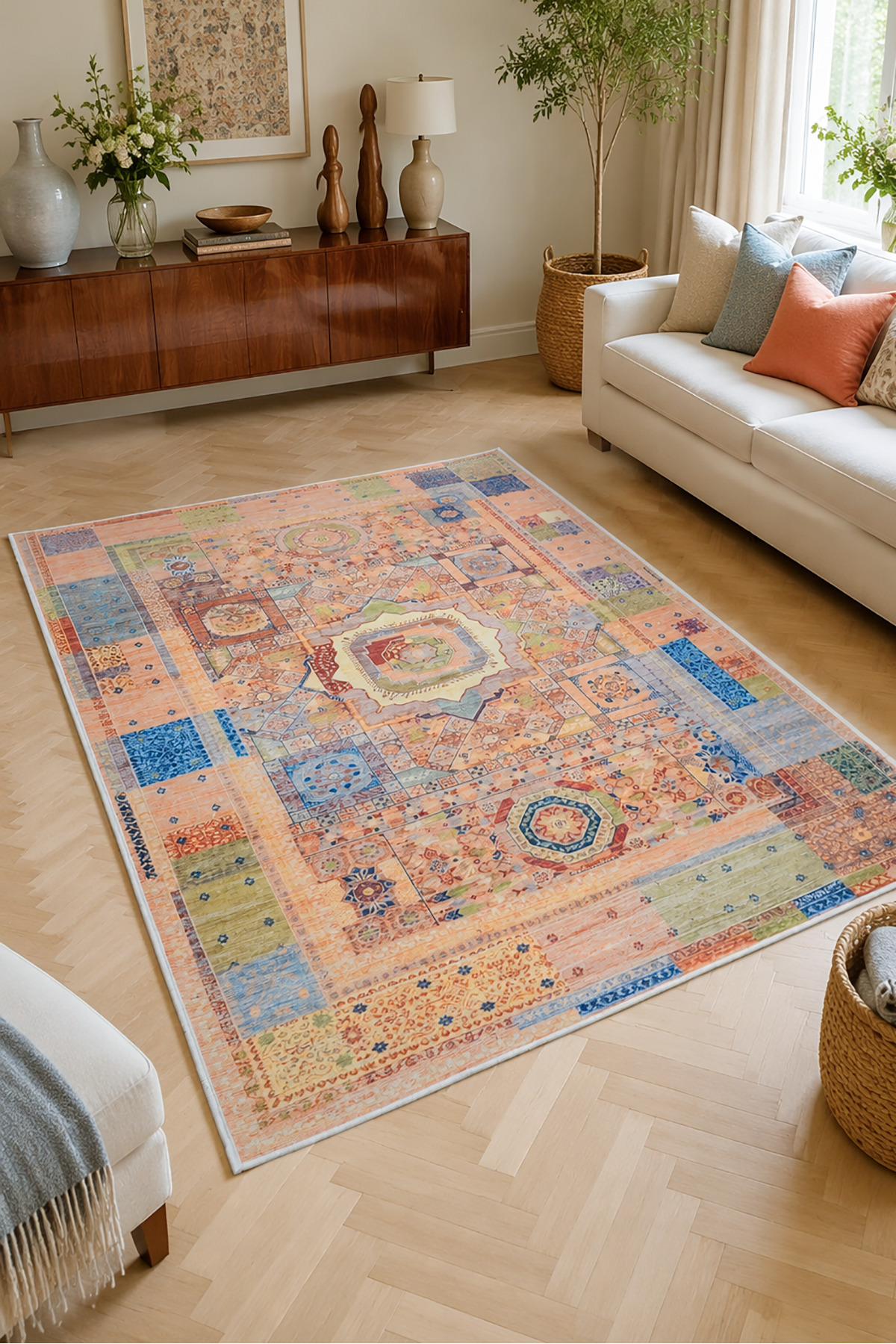 Ethnic Vintage Colorful Non-Slip Woven Based Washable Chenille Rug Living Room Rug Children's Room Kitchen Corridor