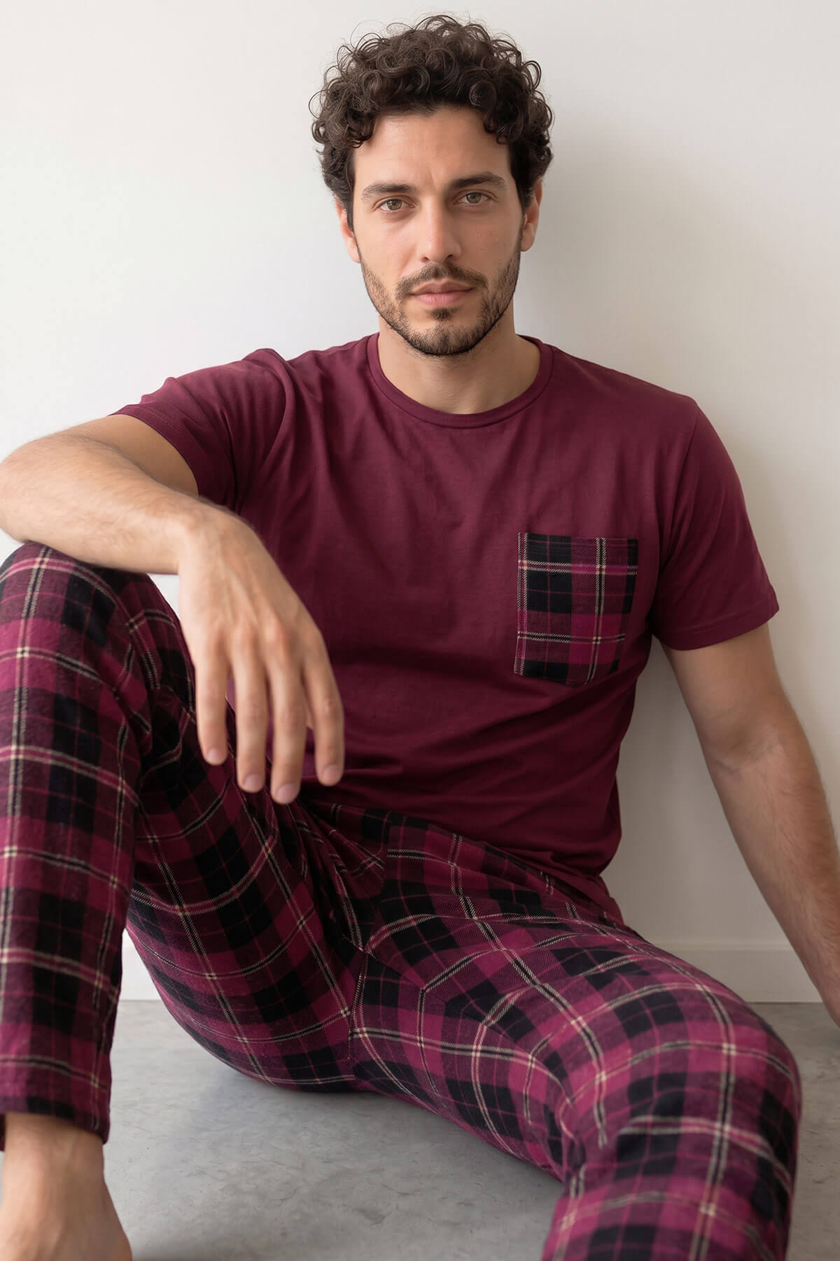 Pijamaevi Bordo Ekose Desen Cep Detaylı Kısa Kol Erkek Pijama Takımı