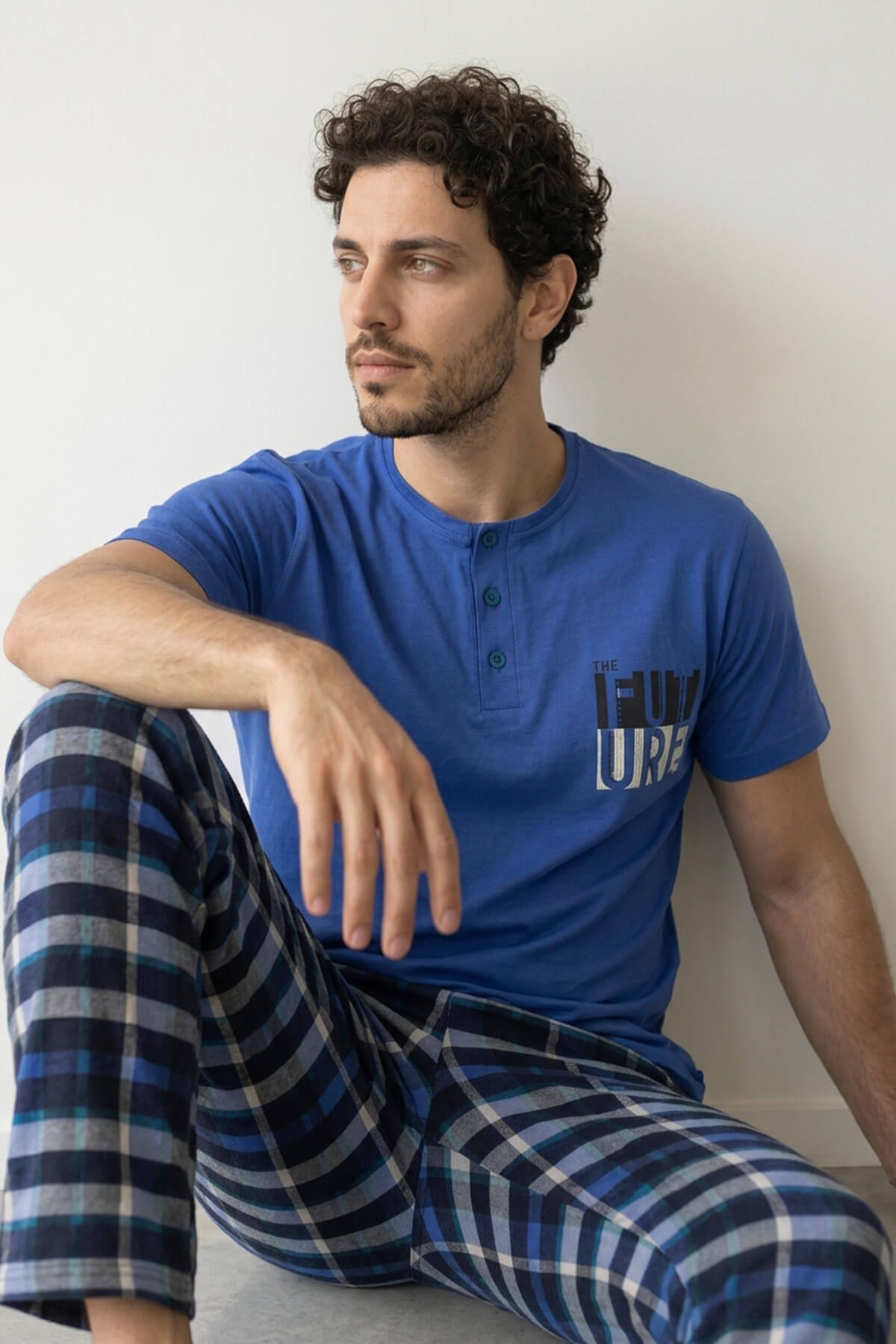 Pijamaevi Koyu Mavi Ekose Future Desenli Kısa Kollu Erkek Pijama Takımı görsel 3