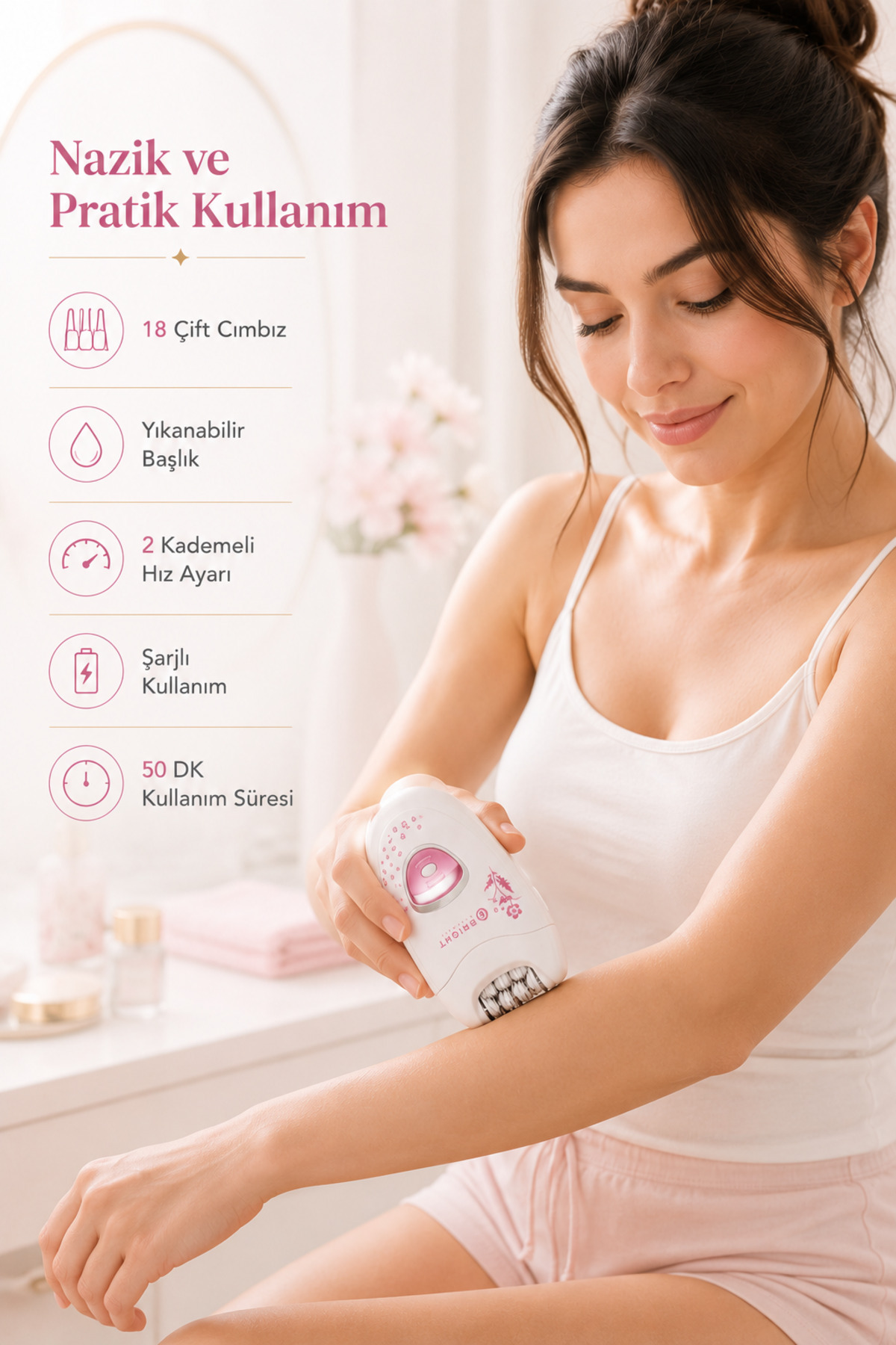 BE-1196 Kablolu / Kablosuz Şarjlı 2 Kademe 18 Çift Cımbız Epilasyon Aleti BEYAZ — تصویر 5 از 8