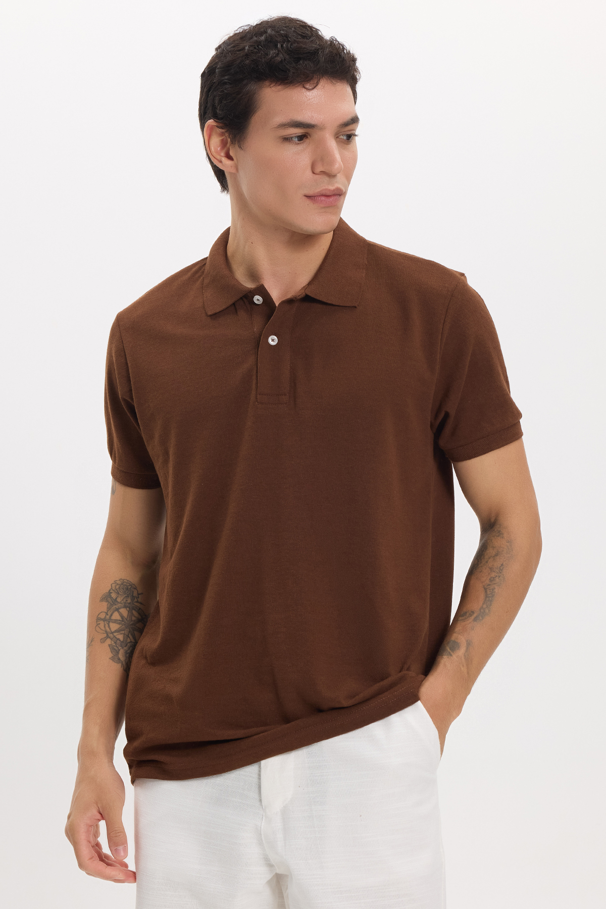 Erkek Slim Fit Dar Kesim Pamuklu Yumuşak Doku Kumaş Kahverengi Polo Yaka Tişört