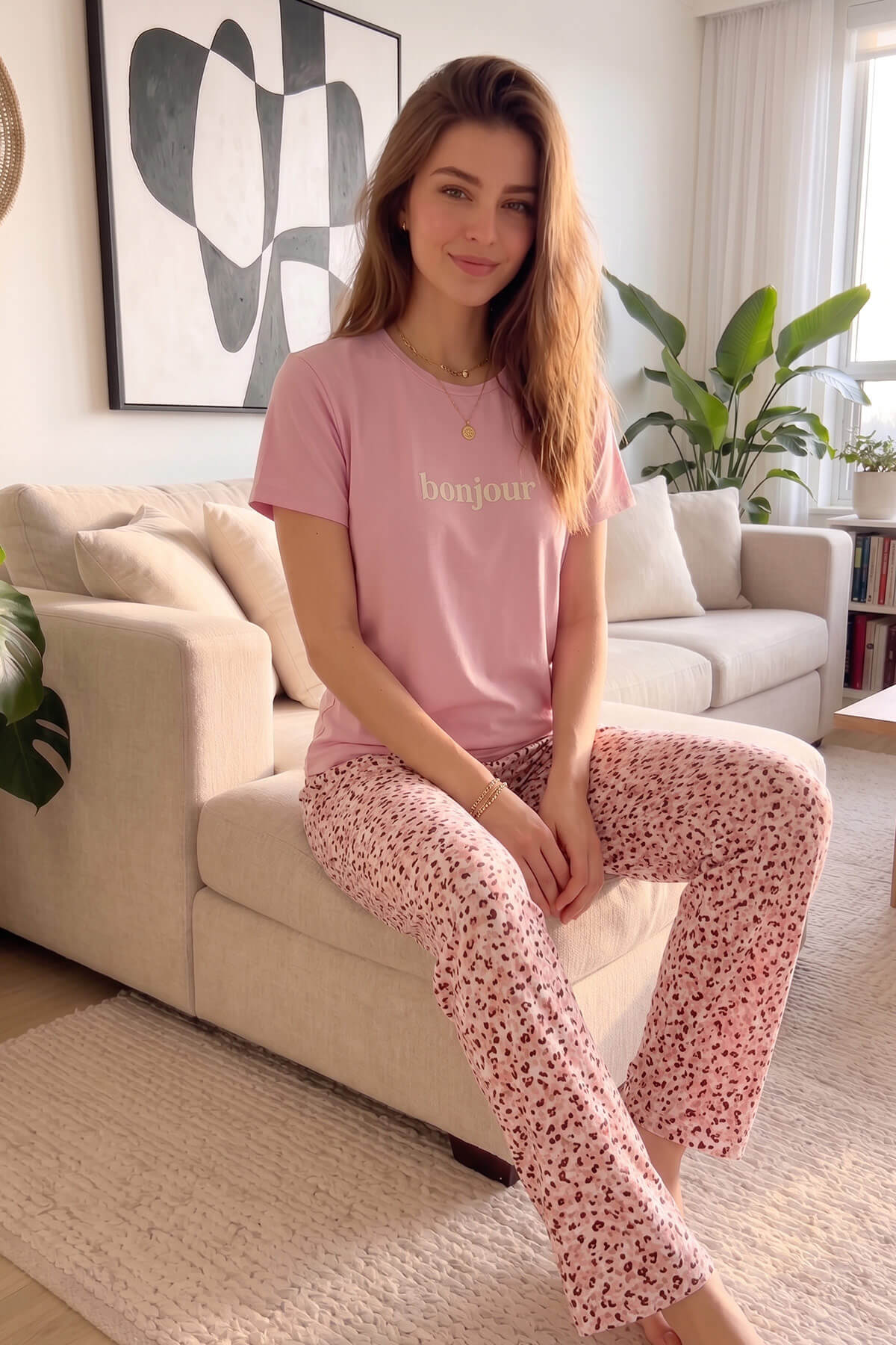 Pijamaevi Pembe Bonjour Desenli Kısa Kollu Örme Kadın Pijama Takımı görsel 5