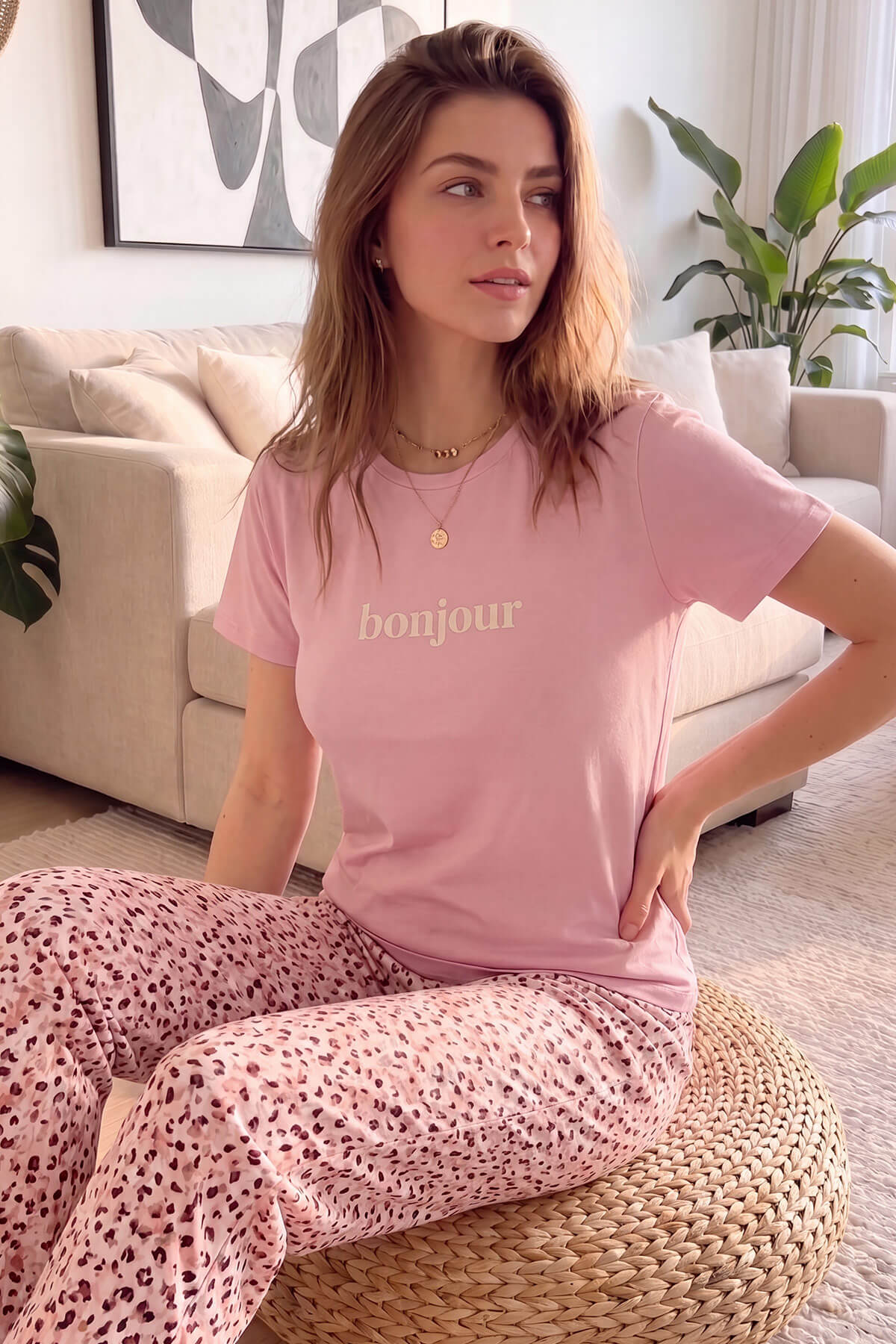 Pijamaevi Pembe Bonjour Desenli Kısa Kollu Örme Kadın Pijama Takımı