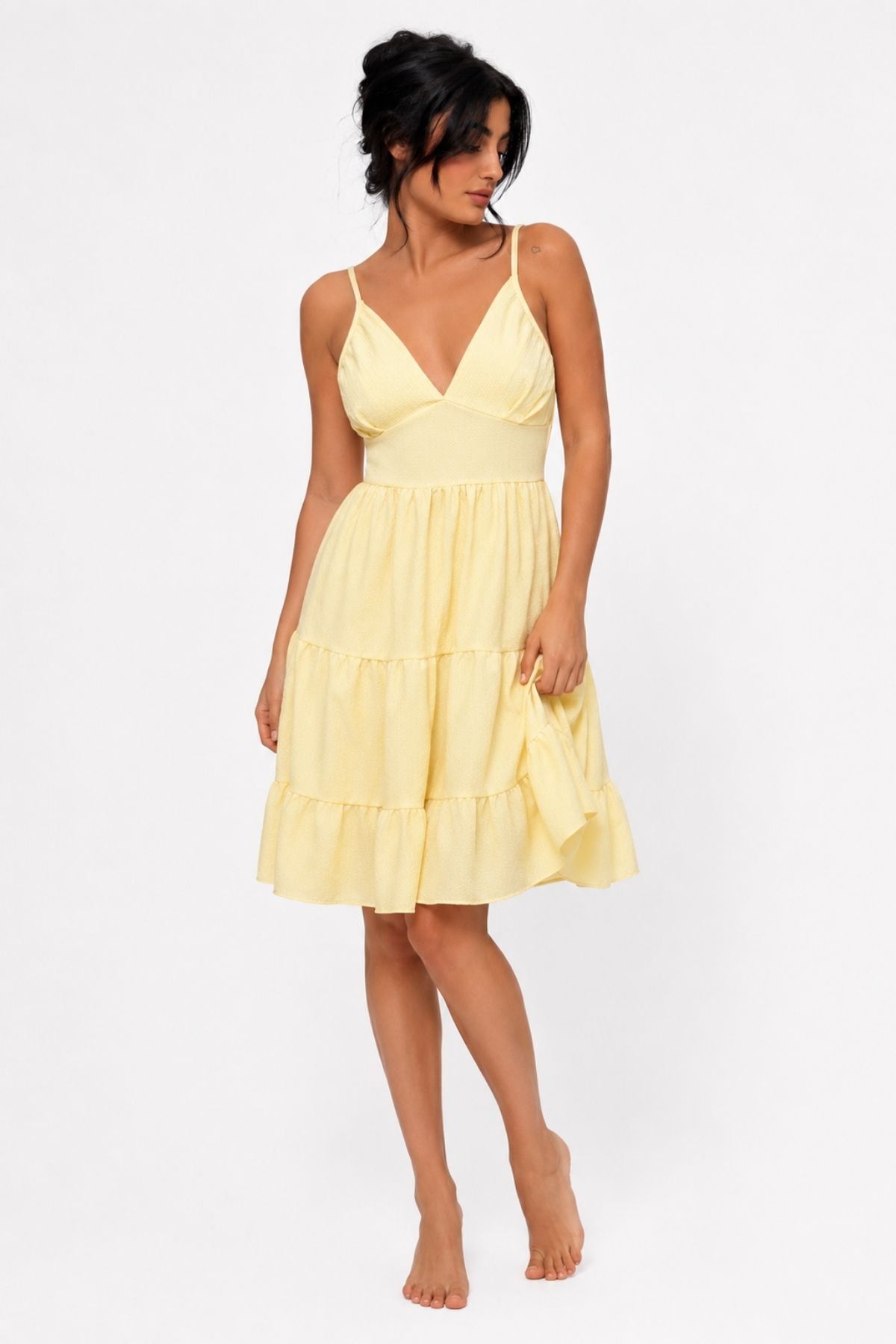 Bürümcük Women's V-Neck Dress with Yellow Back Neckline