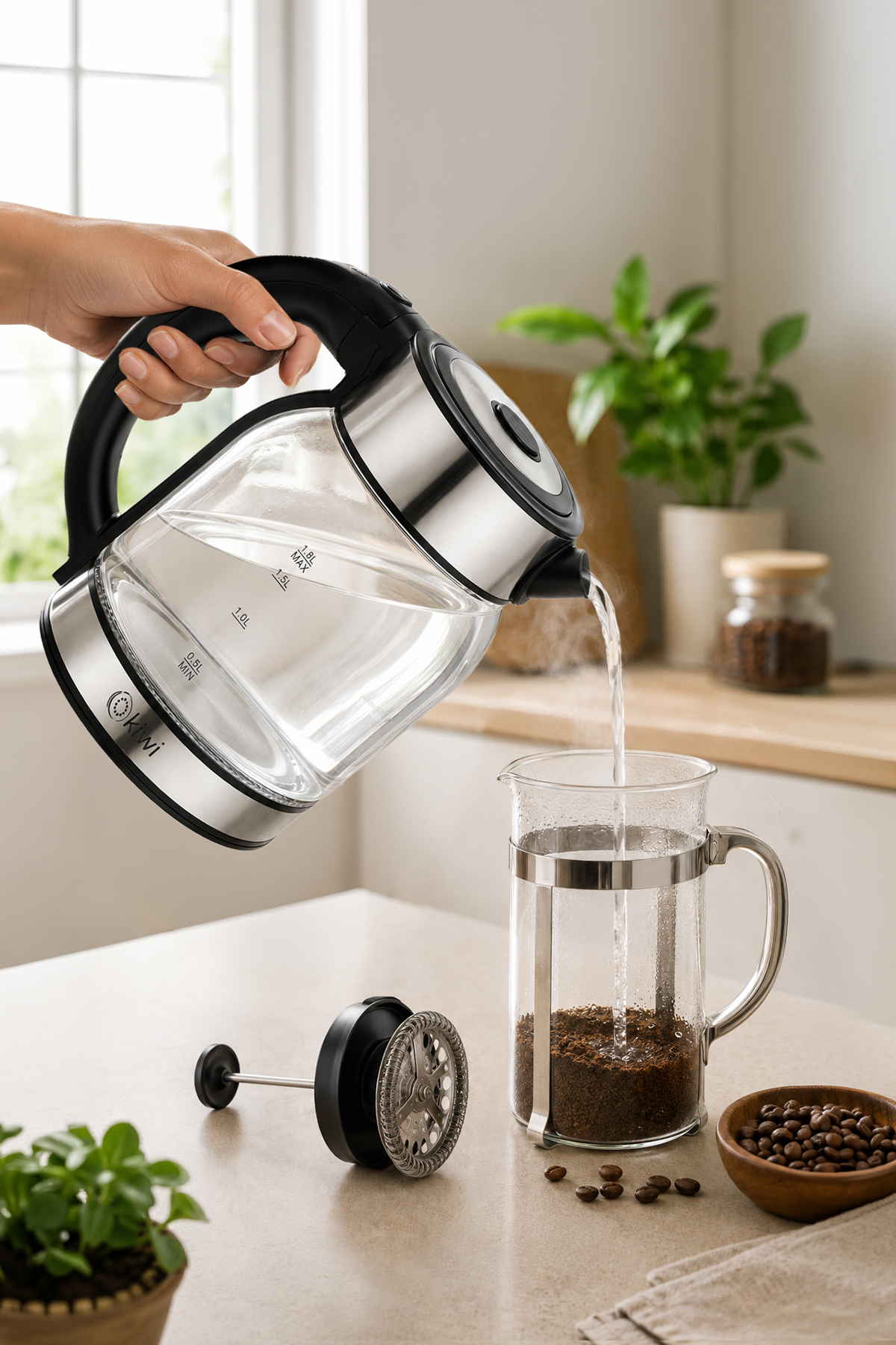 کتری آب گرم کن شیشه‌ای با پایه فولادی Kk-3333