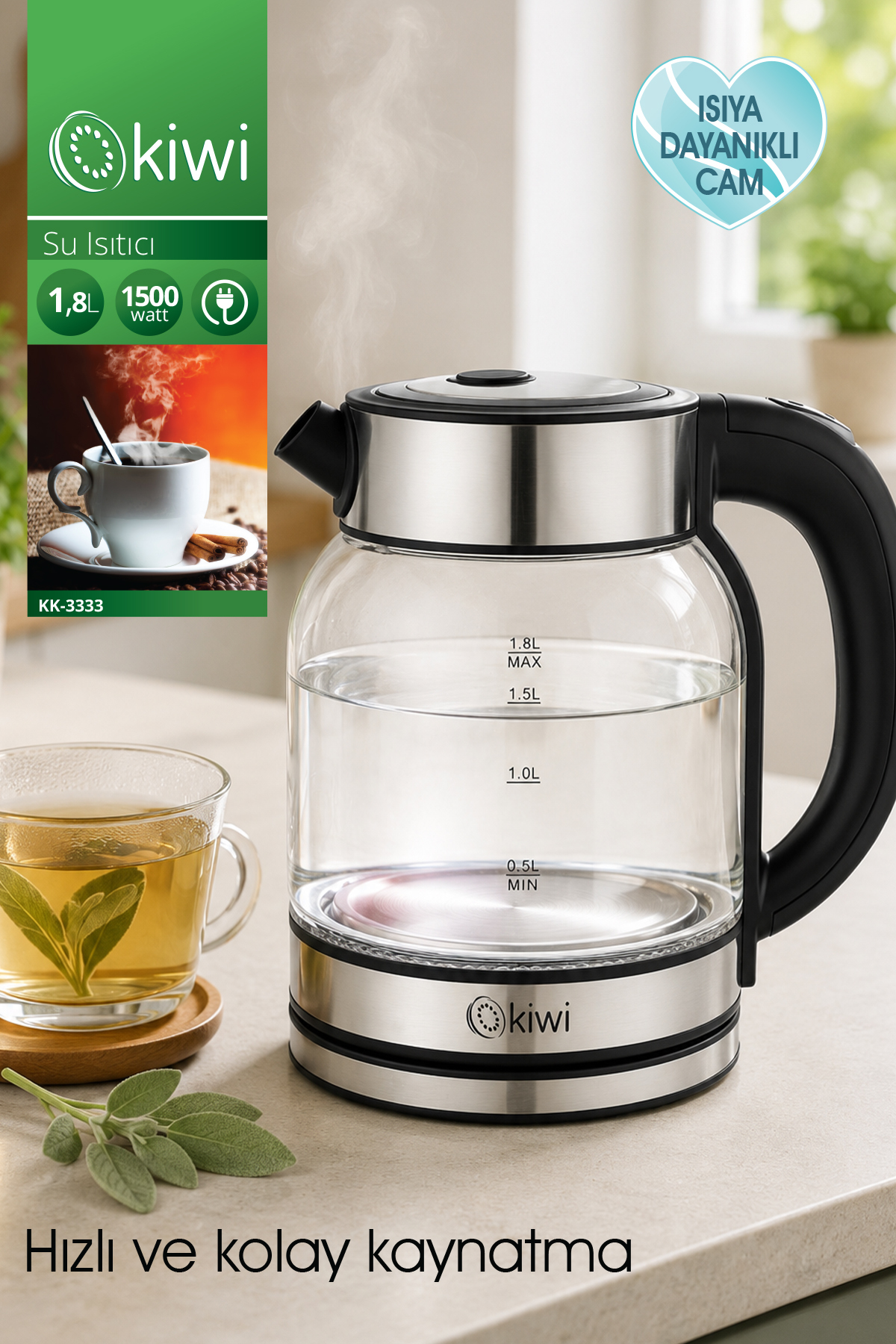 کتری آب گرم کن شیشه‌ای با پایه فولادی Kk-3333