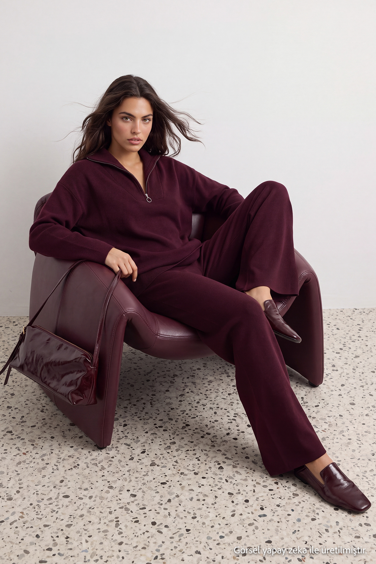 Trendyol Collection Burgundy Wide Fit Zippered Knitwear Top and Bottom Set Twoaw24Au00026