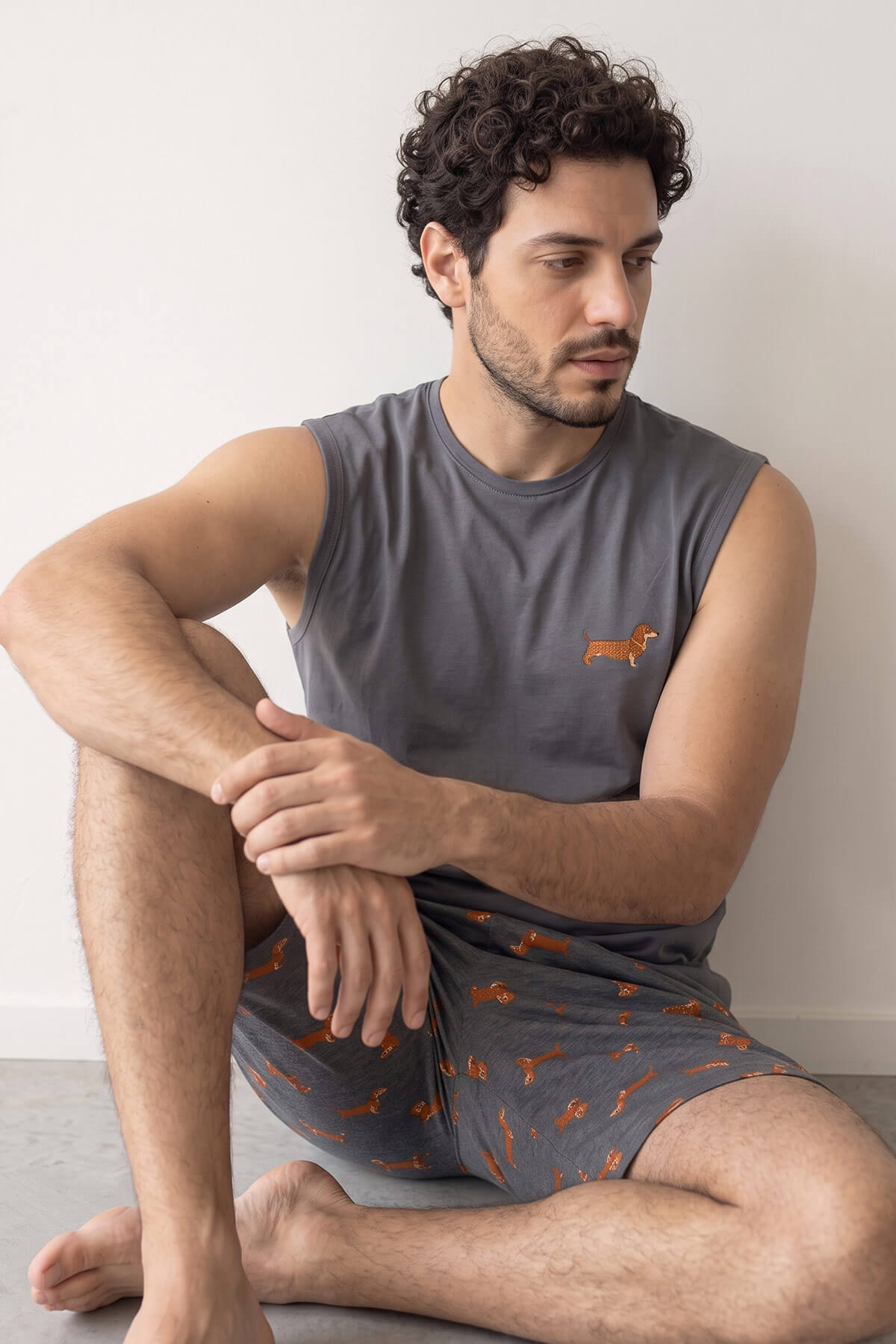 Pijamaevi Füme Dasch Baskılı Sıfır Kol Şortlu Erkek Pijama Takımı görsel 4