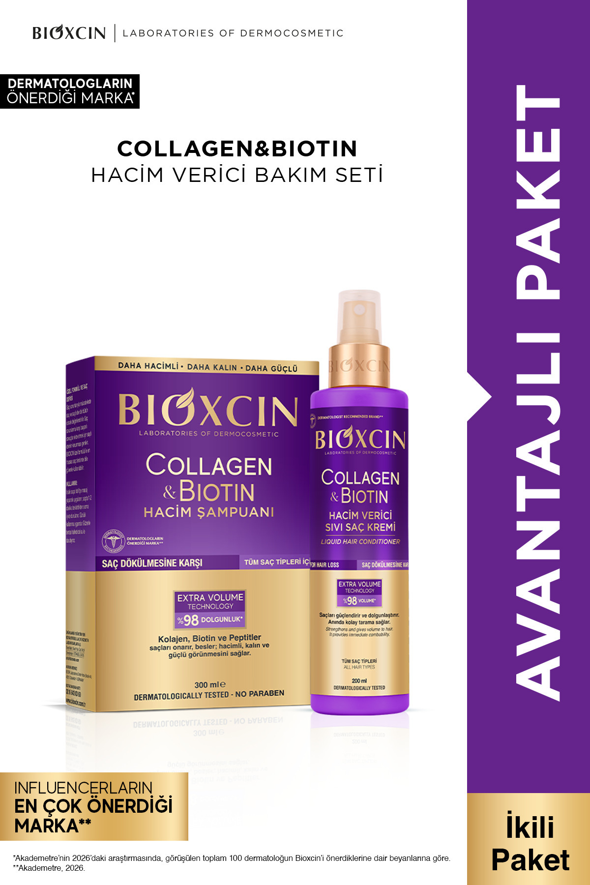 Bioxcin Collagen & Biotin Hacim Şampuanı + Sıvı Saç Kremi (Hacim Verici, Dolgunlaştırıcı İçerikli) — B10301