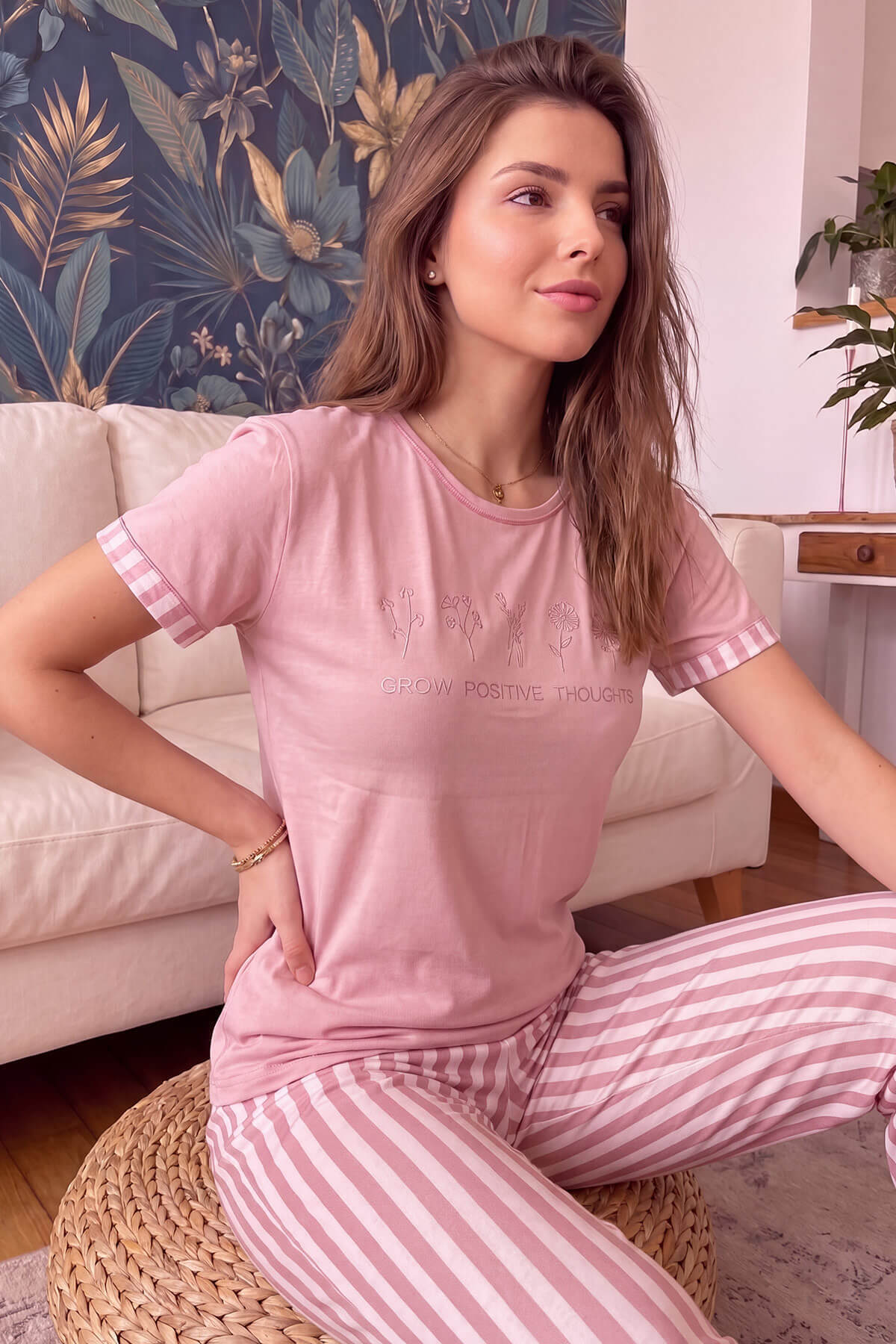 Pijamaevi Powder Positive Patterned Bamboo Short Sleeve Women's Pajama Set