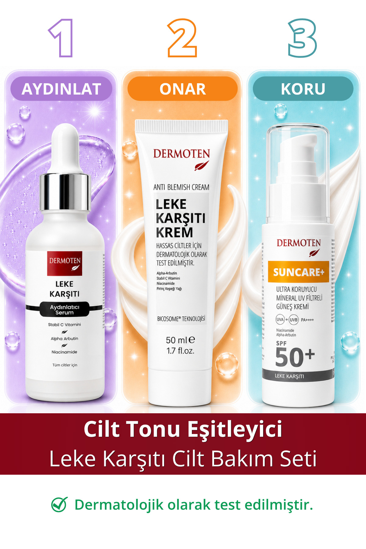 Dermoten Leke Karşıtı Cilt Bakım Seti | Cilt Tonu Eşitleyici Aydınlatıcı & Canlandırıcı 3'lü Avantajlı Set — lekebakimseti
