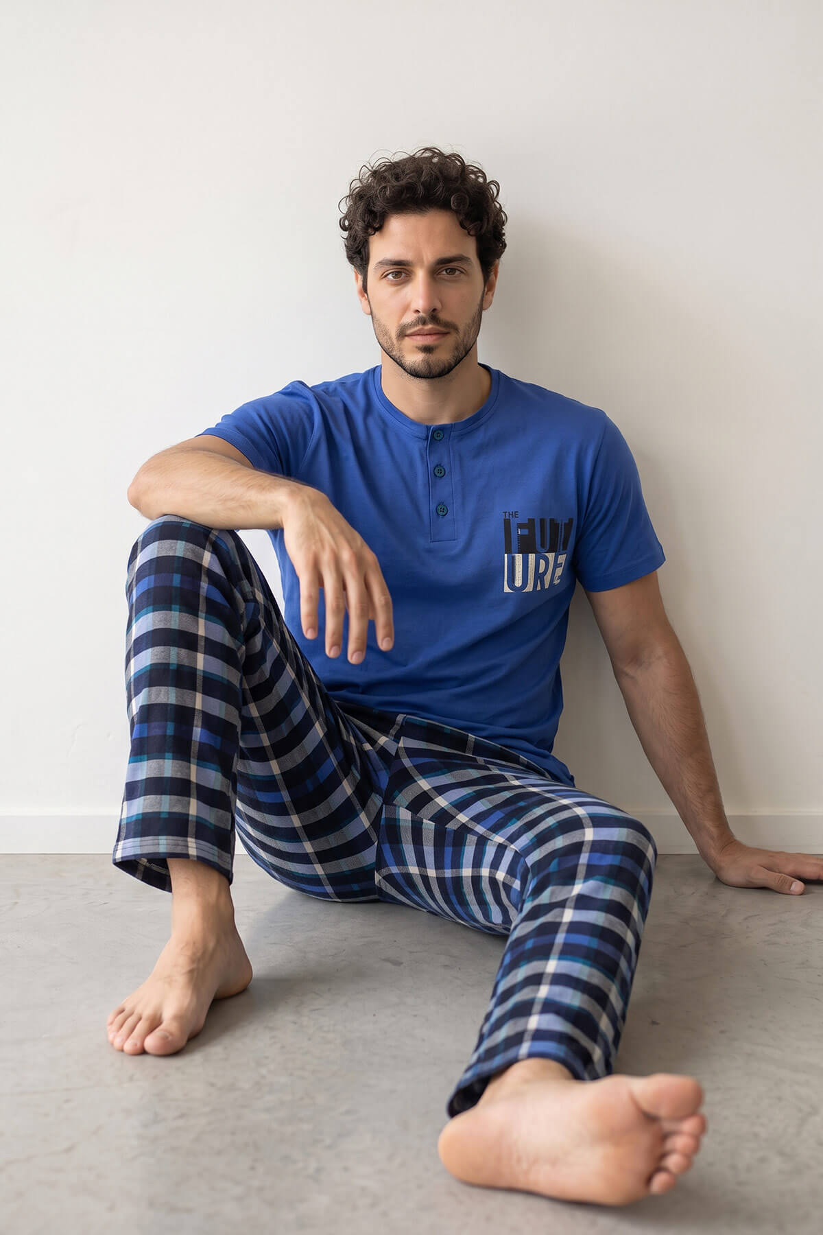 Pijamaevi Koyu Mavi Ekose Future Desenli Kısa Kollu Erkek Pijama Takımı görsel 5
