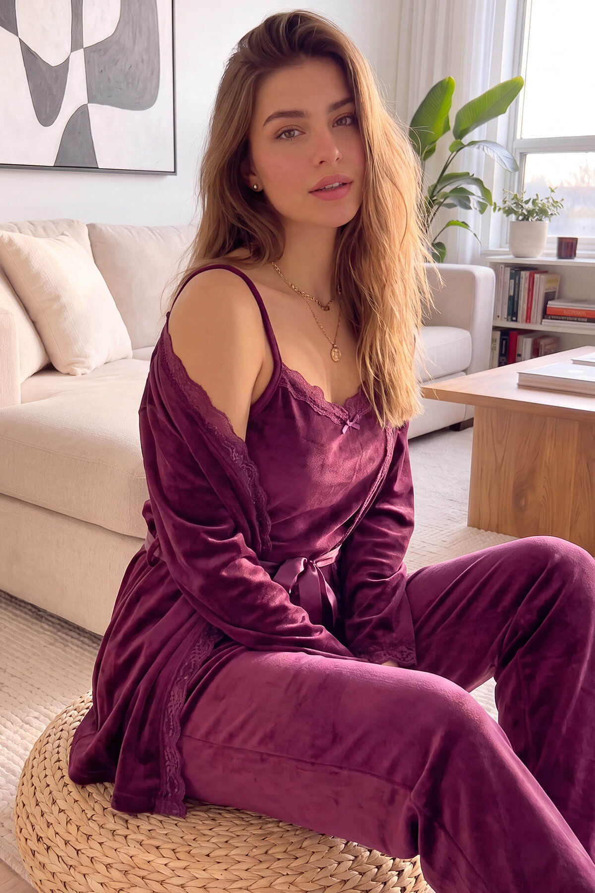 Pijamaevi Plum Garnet Exclusive Velvet Women's Pajama Set with Robe