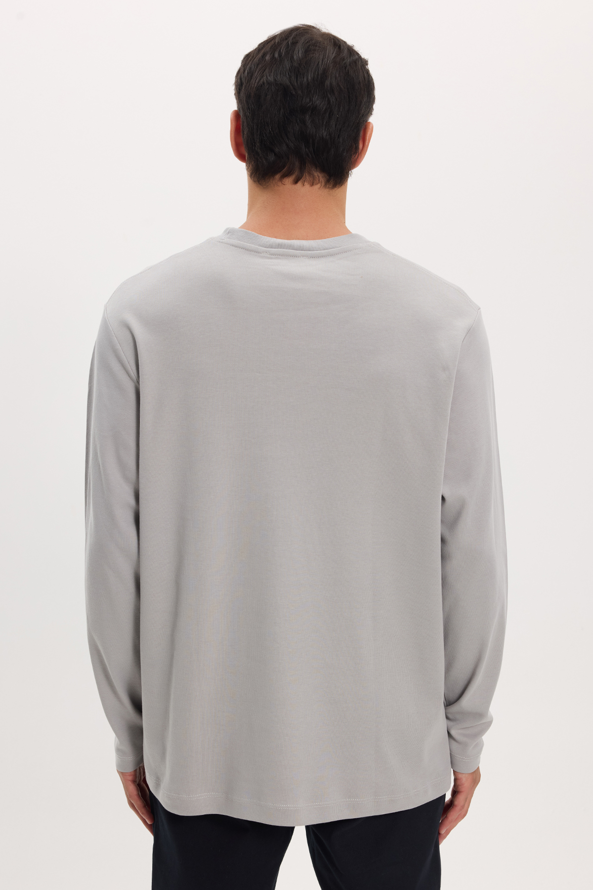 Tudors Unisex Relax Fit Rahat Kesim %100 Pamuk Uzun Kollu Bisiklet Yaka Gri Basic Tişört görsel 6