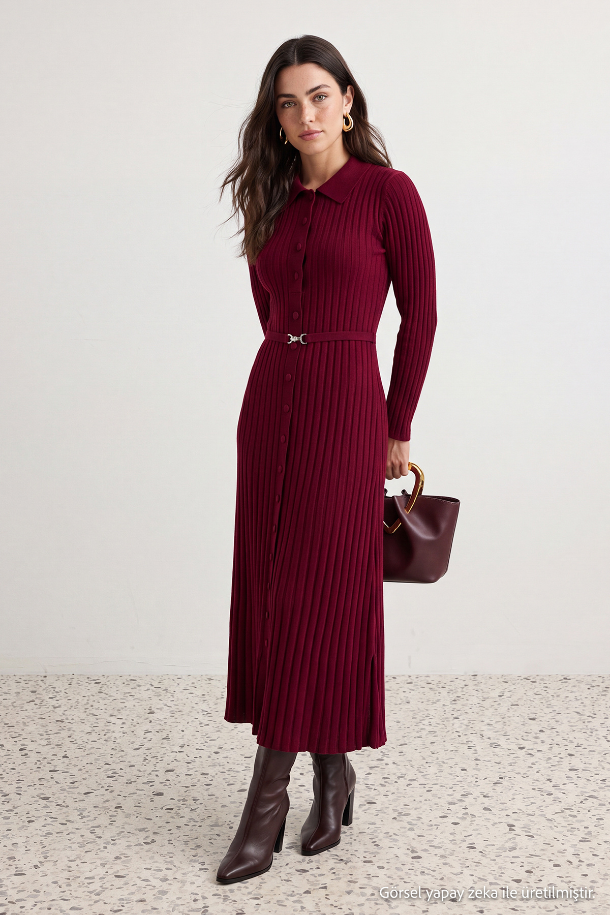 Trendyolmilla Modest Bordo Metal Kemer Detaylı Triko Ribana Elbise TCTAW26EB00014