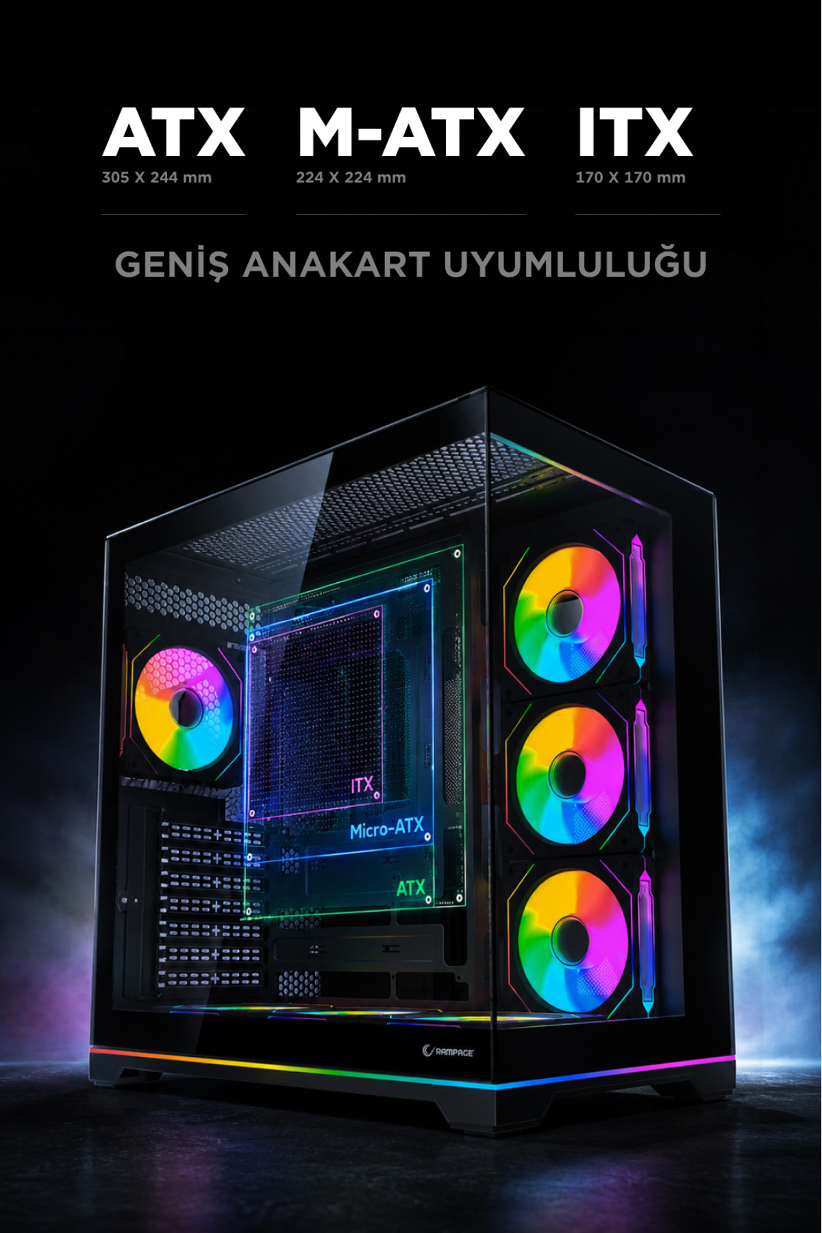 Rampage KAIZER Kumandalı 7*12cm ARGB Fan+Kontrolcü PWM Fanlı ATX/M