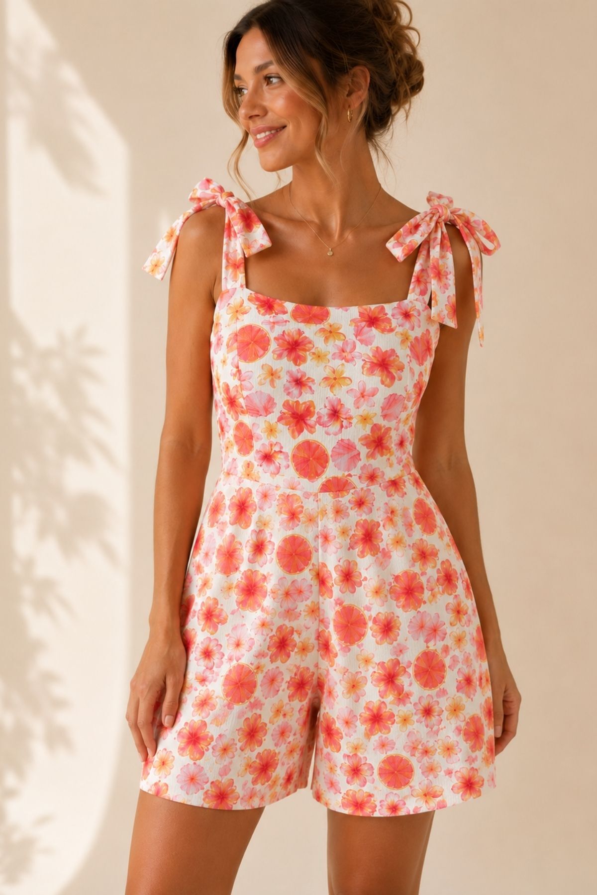 Multicolor Flower Garden Tie Strappy Shorts Jumpsuit