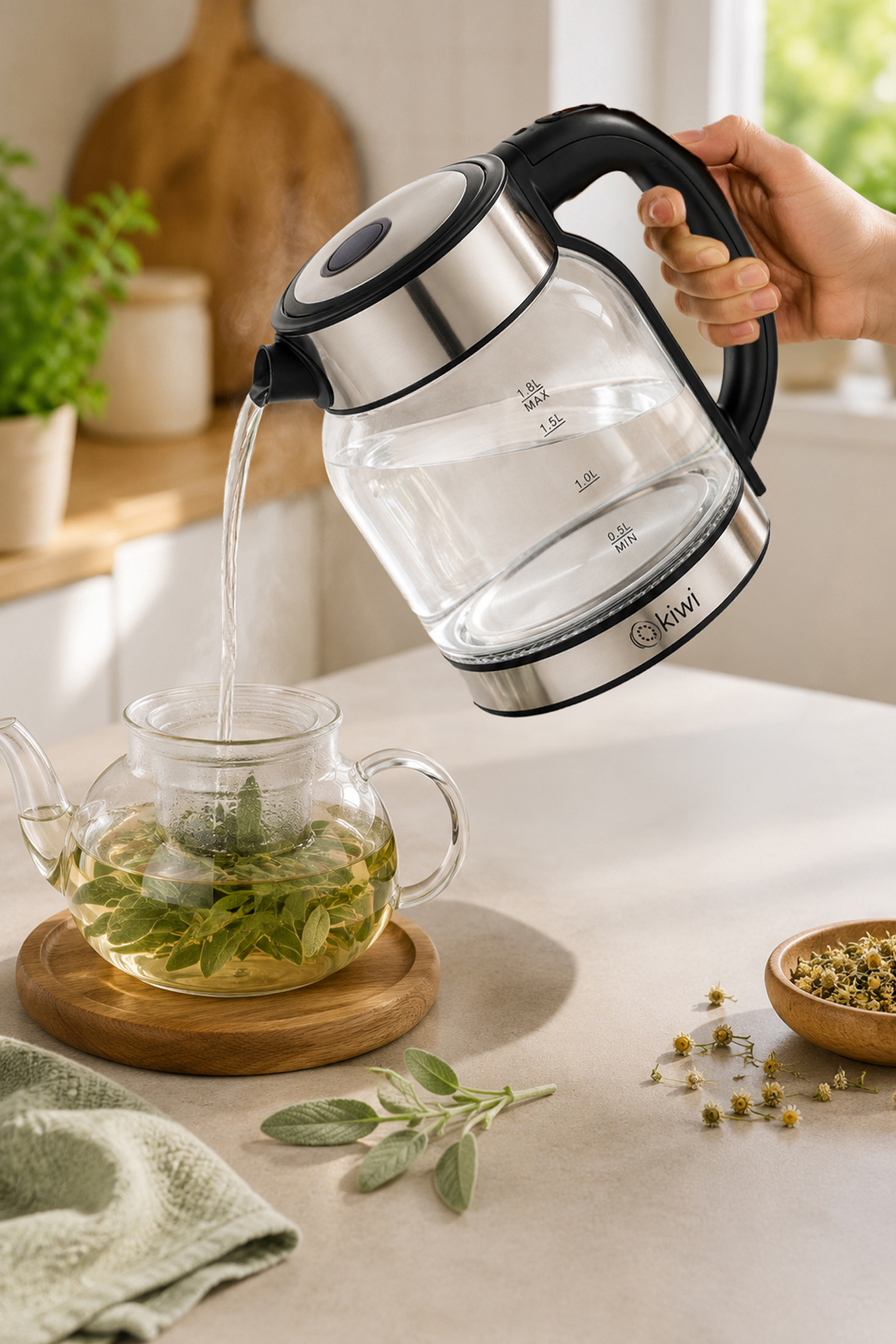 کتری آب گرم کن شیشه‌ای با پایه فولادی Kk-3333