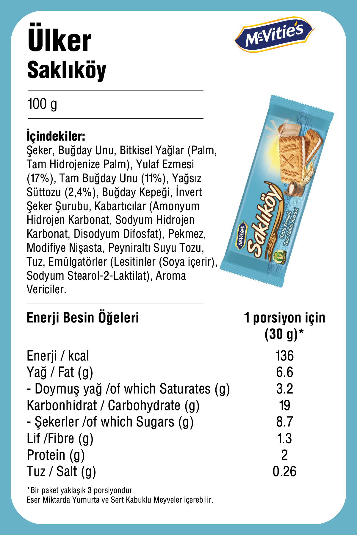 بیسکوییت کامل غلات با کرم شیر SAKLIKÖY - 100 گرم - 24 عدد