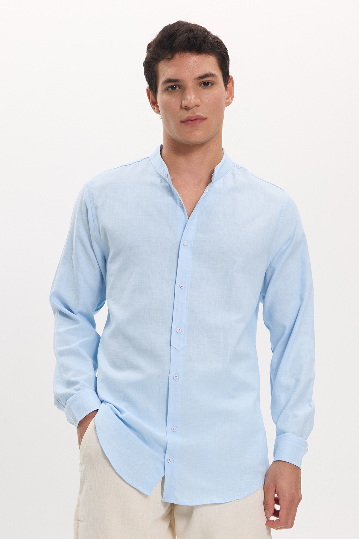 Men's Slim Fit Slim Fit Long Sleeve 100% Cotton Linen Texture Dominant Collar Blue Shirt