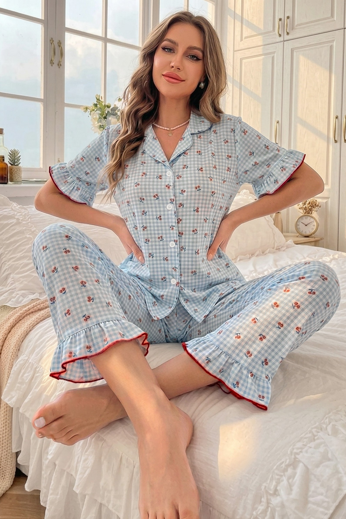 Trendyol Collection Blue Cotton Cherry Patterned Frilly Knitted Pajamas Set Thmaw27Pt00111