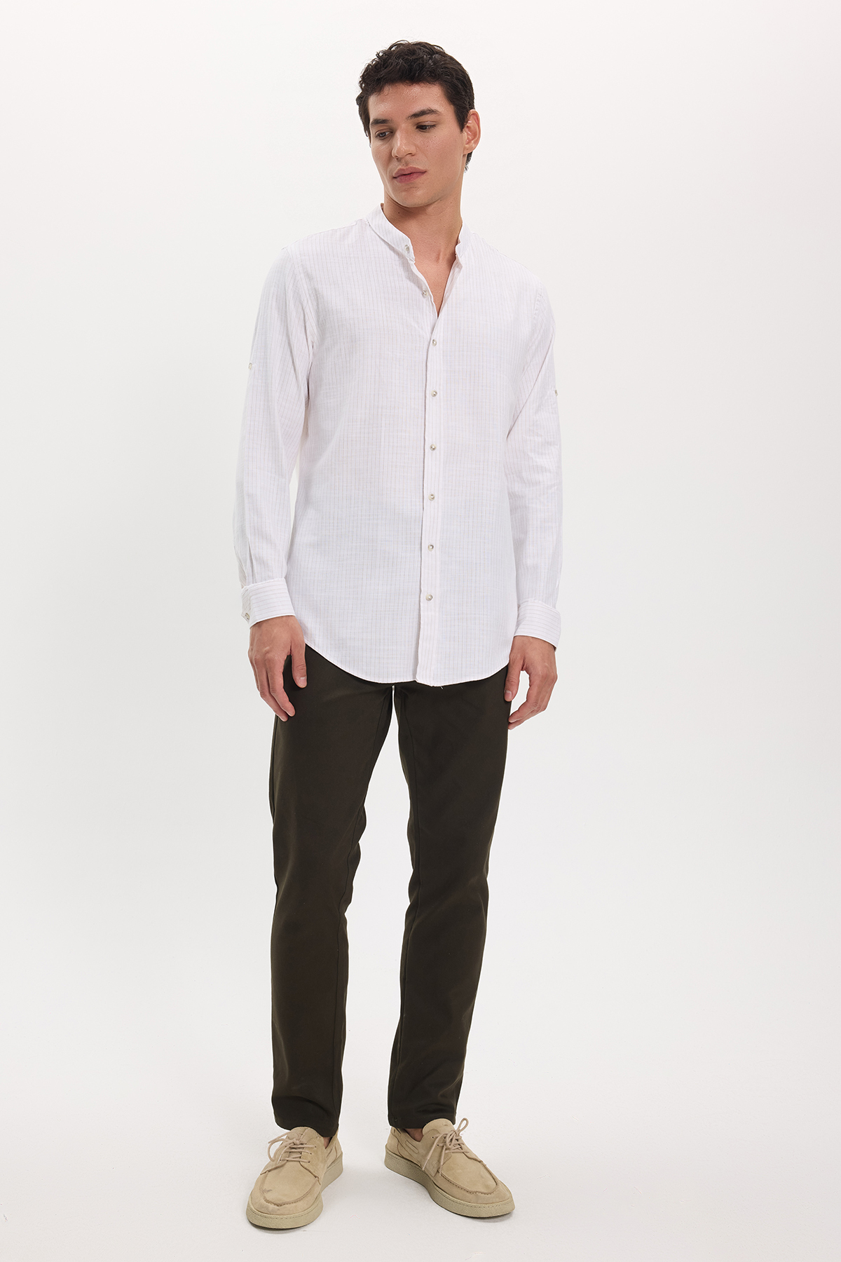 پیراهن تودورز مردانه کتان پنبه ای بژ  راه راه Slim Fit/اسلیم فیت    Slim/اسلیم فیت کژوال/روزمره | Tudors DR240051 TR - تصویر 3
