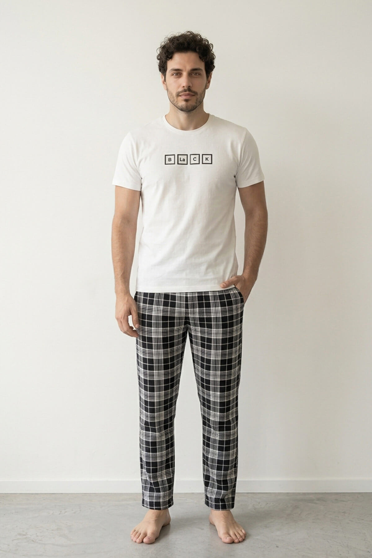 Pijamaevi Ekru Black Baskılı Kısa Kol Erkek Pijama Takımı görsel 6