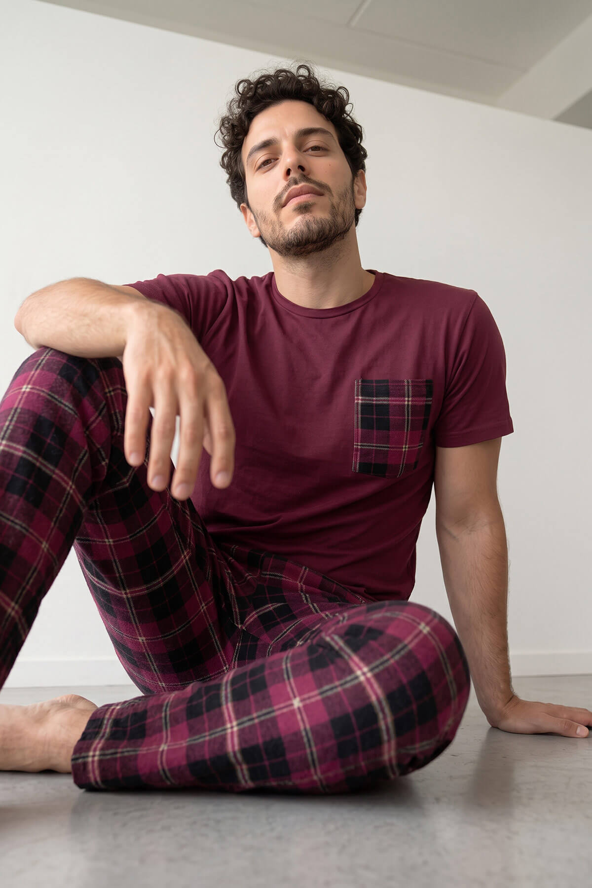 Pijamaevi Bordo Ekose Desen Cep Detaylı Kısa Kol Erkek Pijama Takımı görsel 5