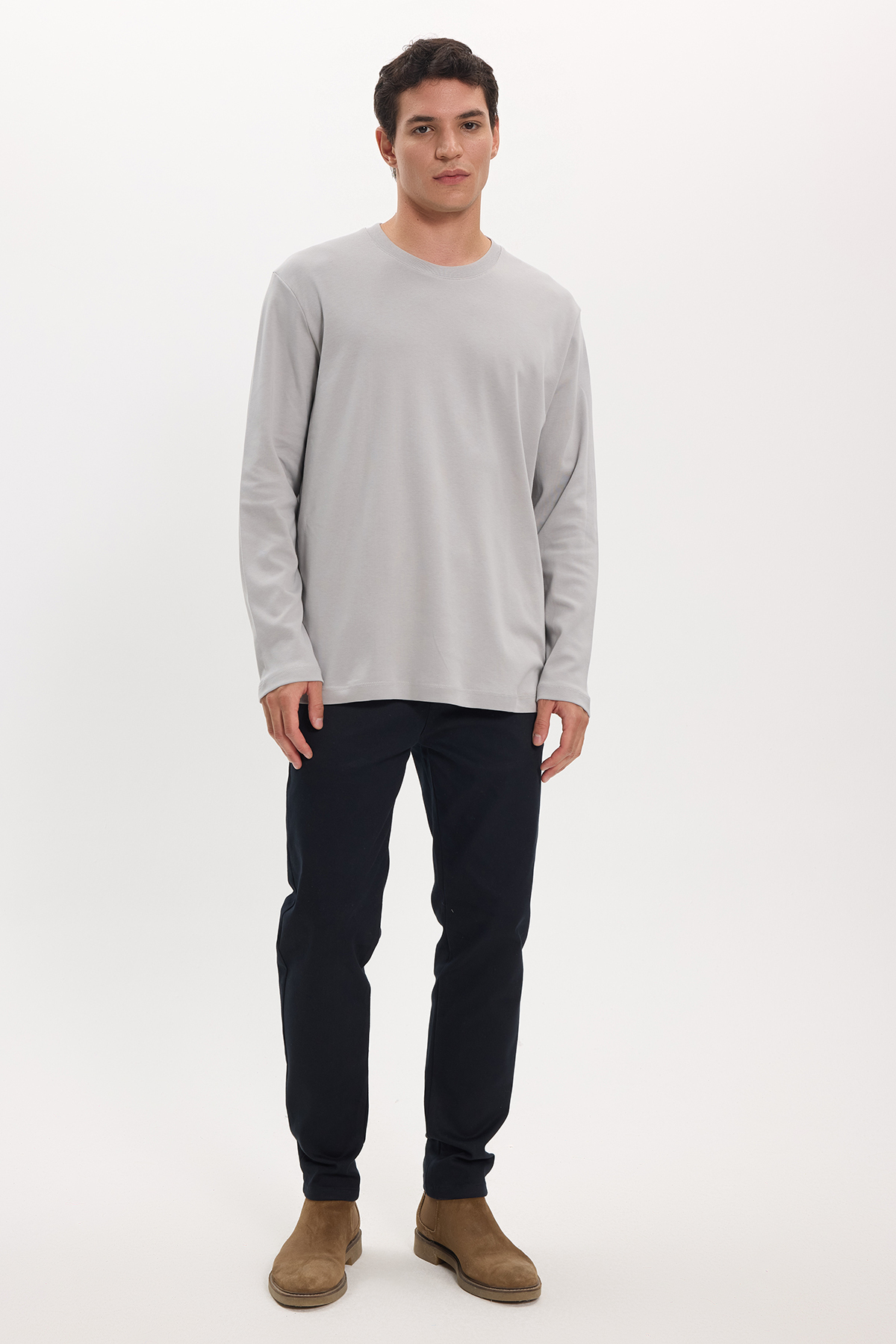 Tudors Unisex Relax Fit Rahat Kesim %100 Pamuk Uzun Kollu Bisiklet Yaka Gri Basic Tişört görsel 2