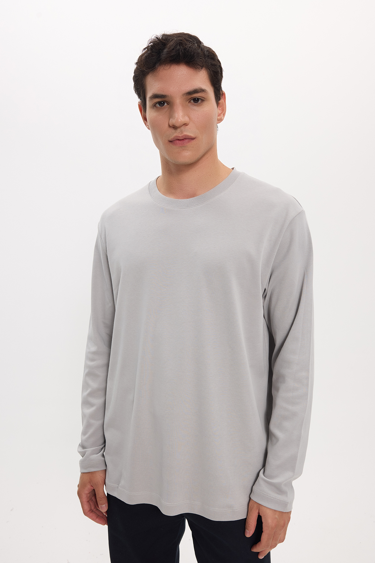 Tudors Unisex Relax Fit Rahat Kesim %100 Pamuk Uzun Kollu Bisiklet Yaka Gri Basic Tişört görsel 7