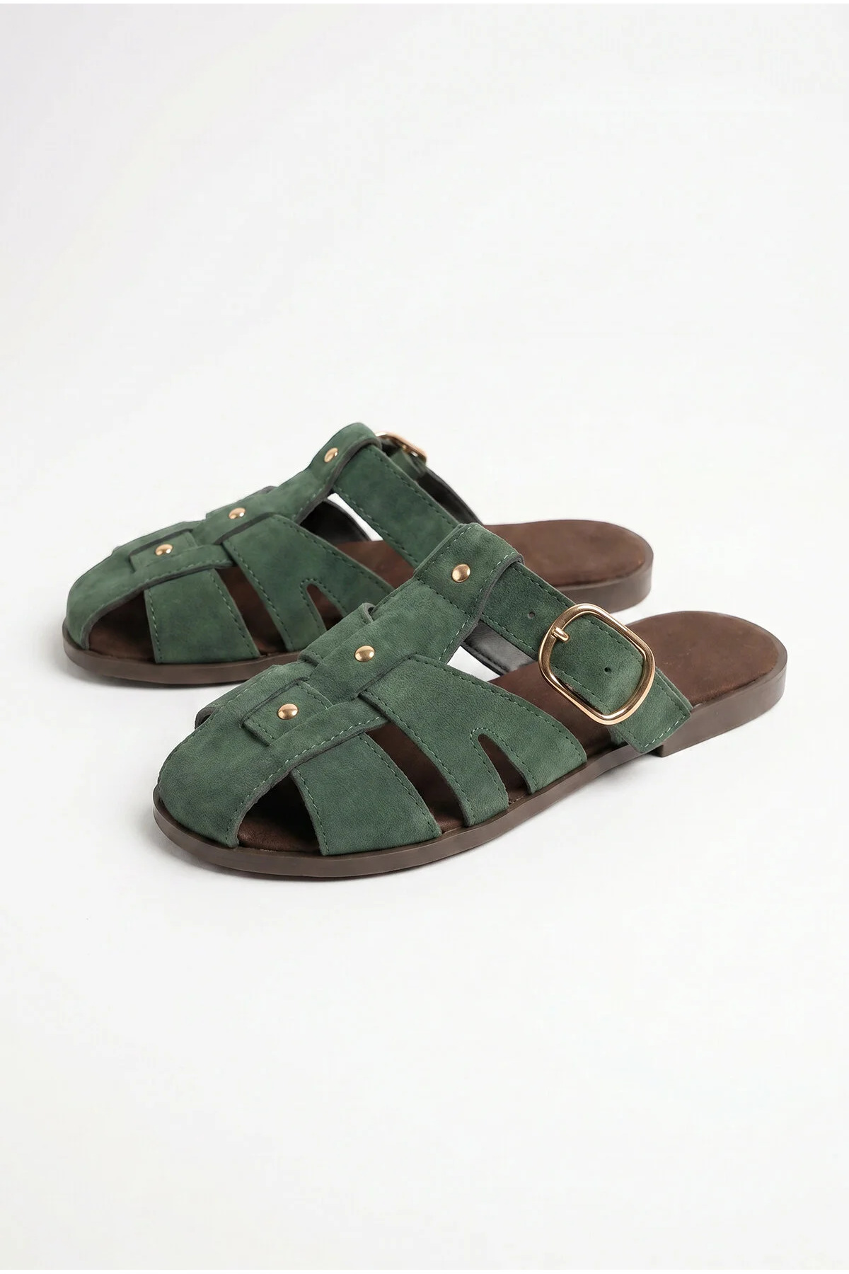 Women's Suede Gold Buckle Belted Flat Sole Slippers 50021004